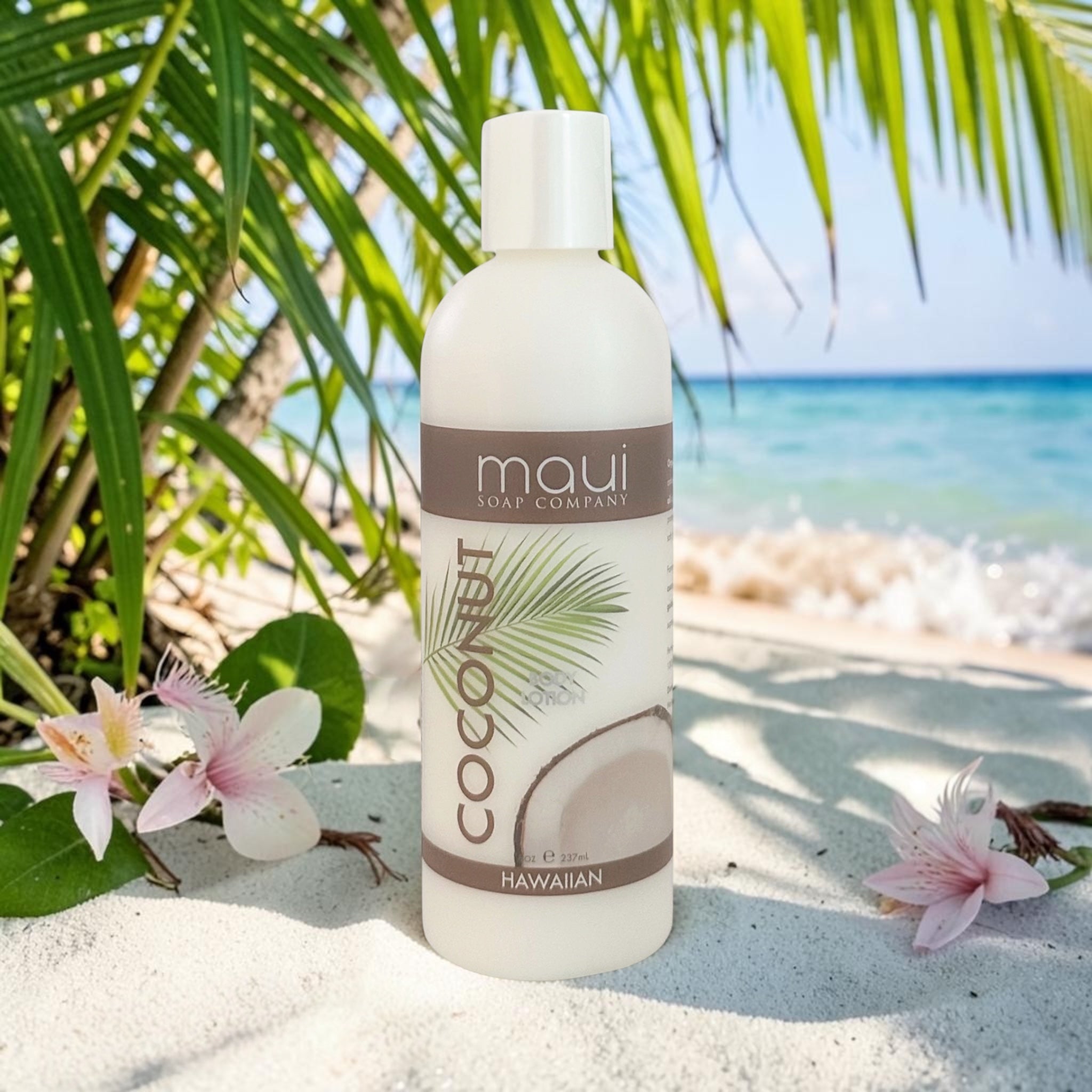 Maui coconut body lotion bottle with white cap and palm tree label