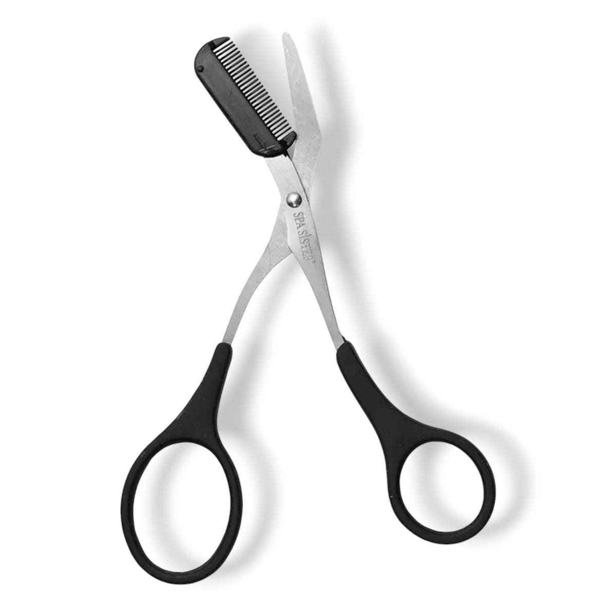 Black scissors with grooming comb and silver hinge, oval finger holes