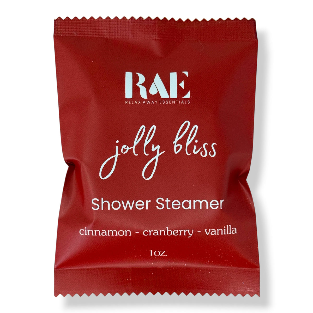 Red RAE shower steamer packet, jolly bliss, cinnamon cranberry vanilla, 1 oz.