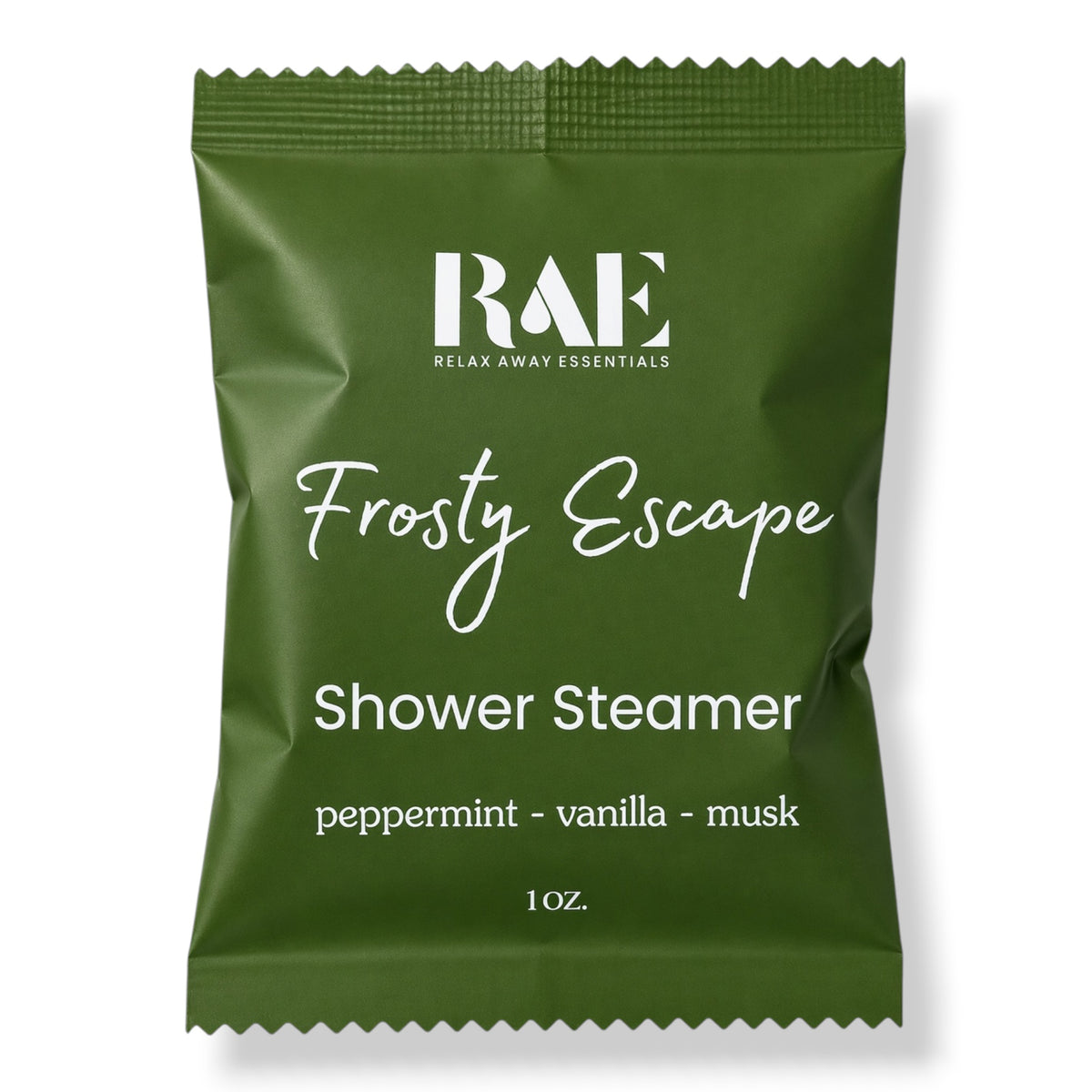 Green RAE shower steamer packet, Frosty Escape, peppermint vanilla musk, 1 oz.