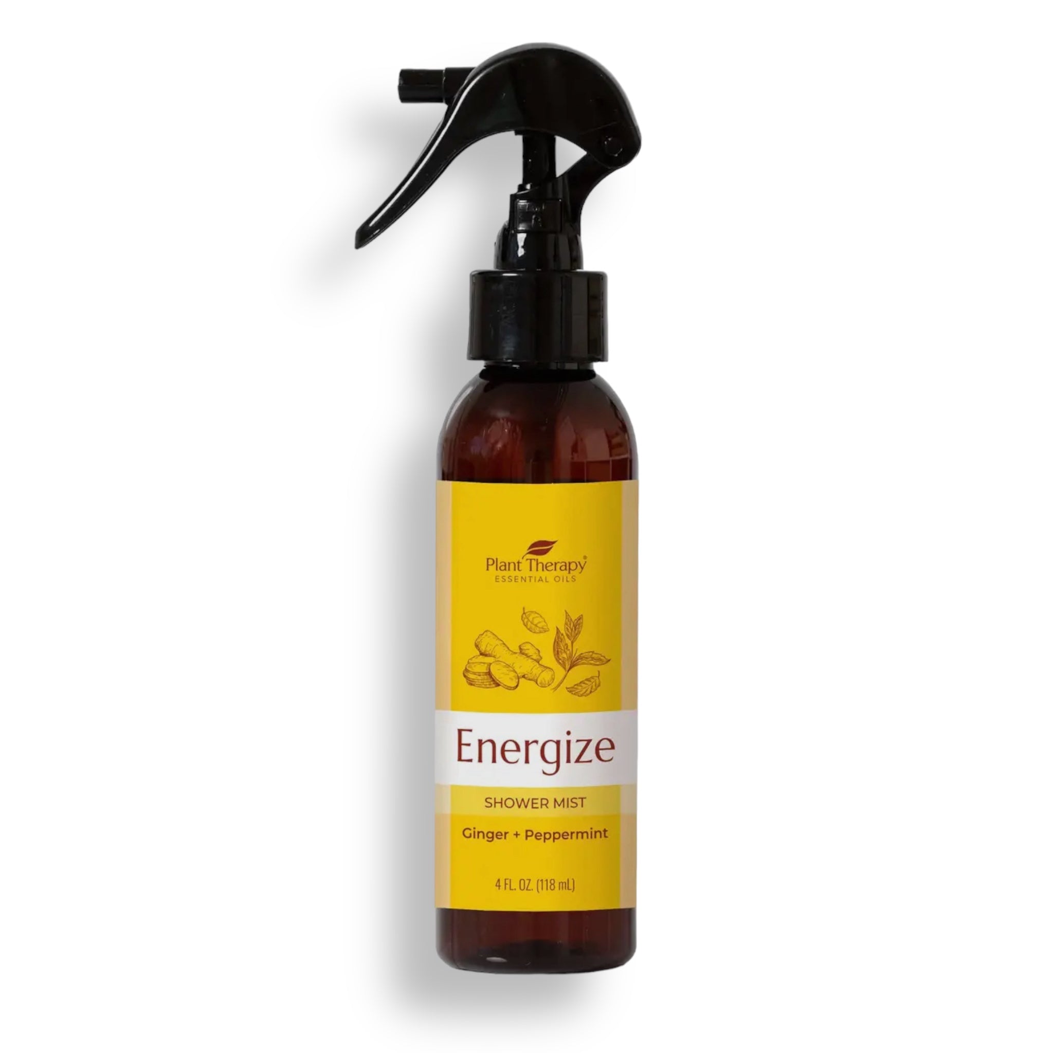 Energize shower mist spray bottle with black trigger sprayer, amber bottle front view