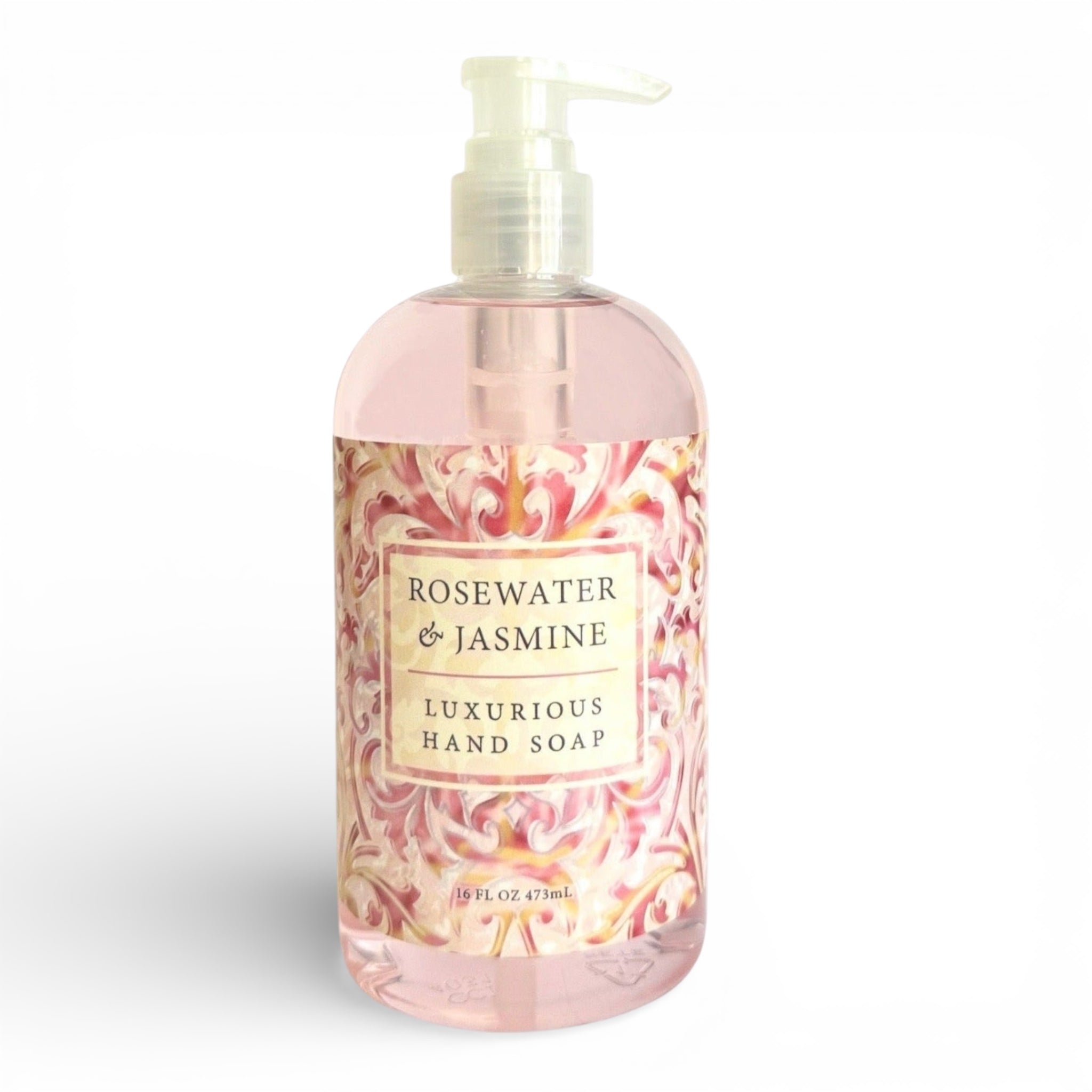 A 16 fl oz pump bottle of Rosewater & Jasmine Luxurious Hand Soap, featuring a pink and white marbled label and light pink liquid inside, set against a plain white background.
