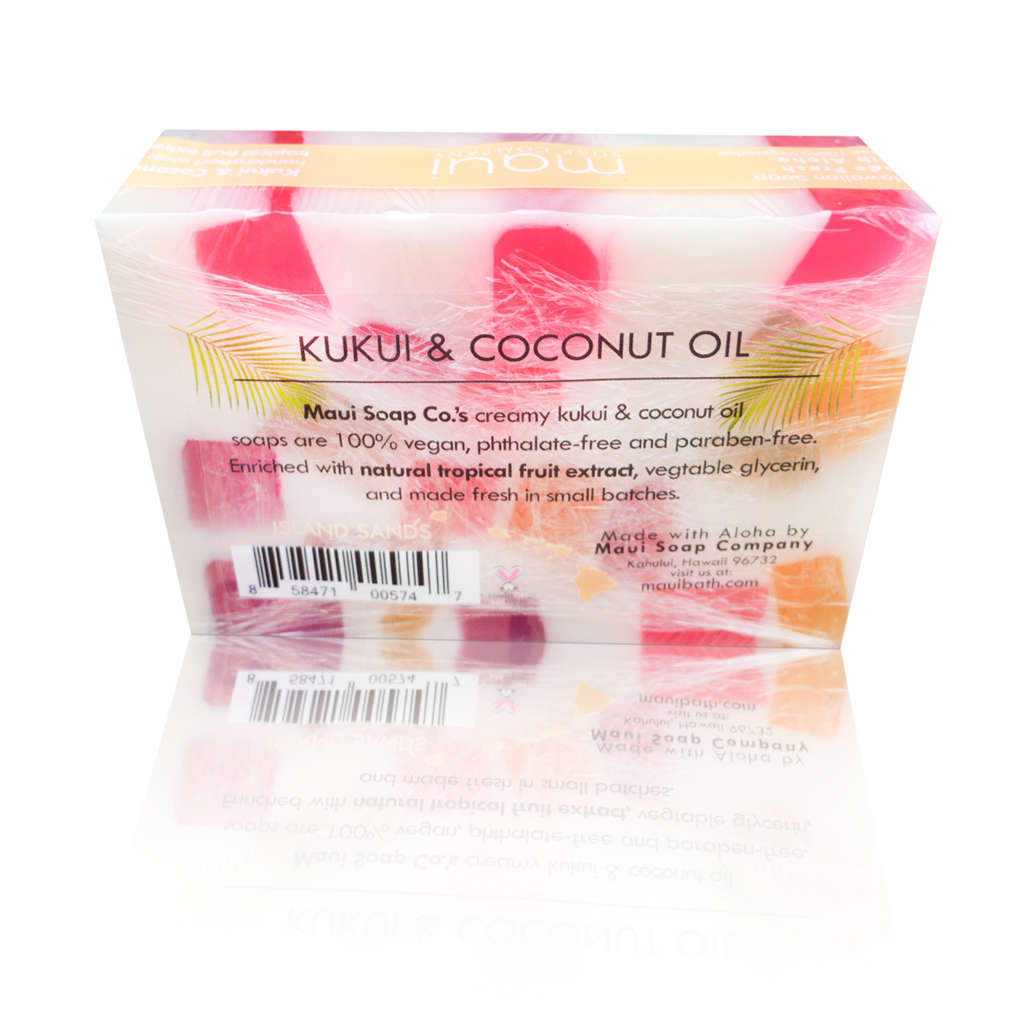 Bar of soap with colorful packaging featuring text about Kukui & Coconut Oil