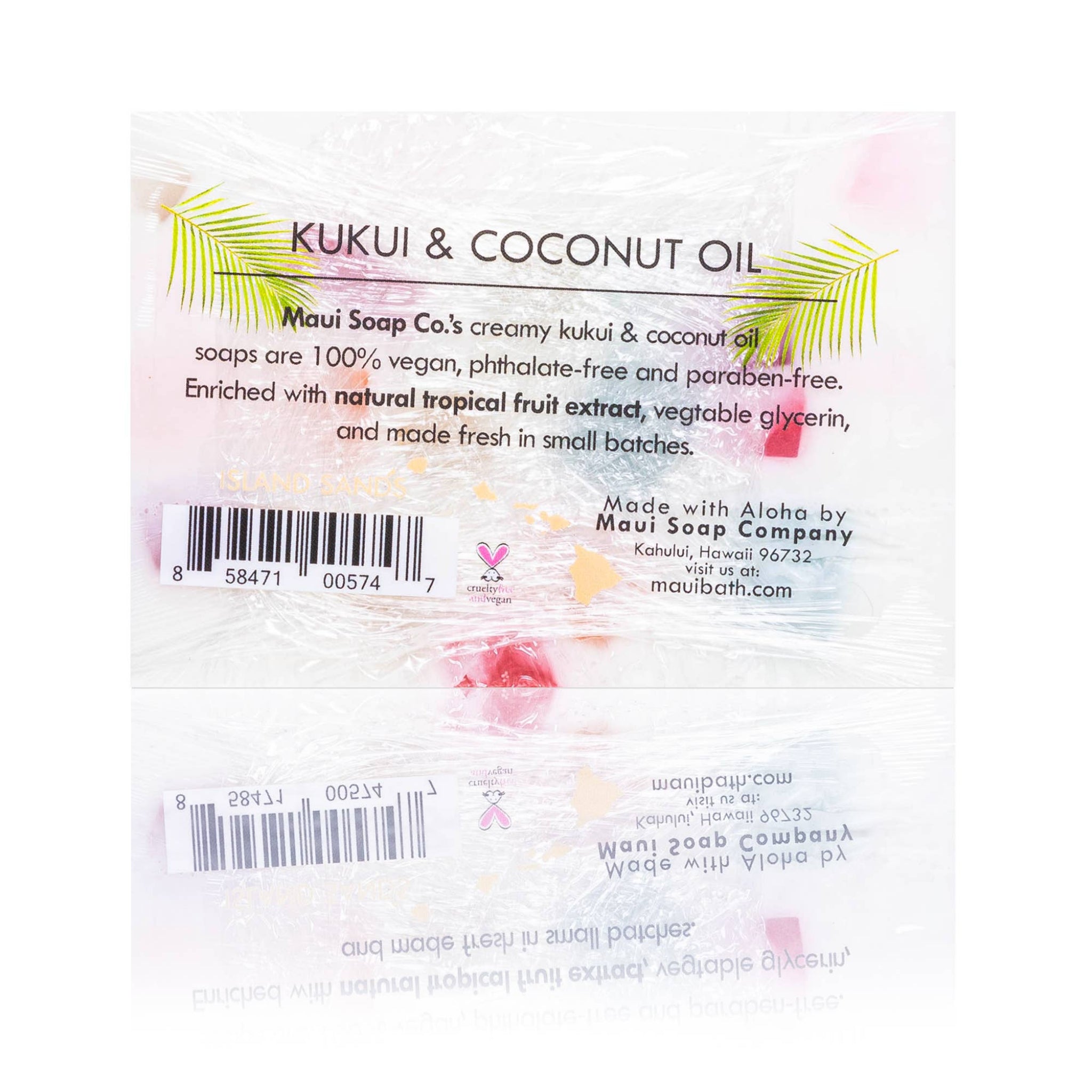 Back of a soap bar packaging with 'Kukui & Coconut Oil' text and branding details.
