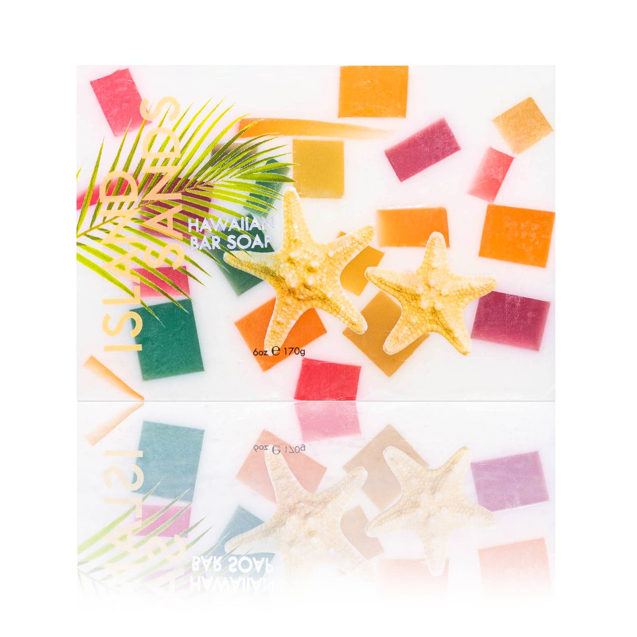 Colorful soap bars with starfish and palm leaf design on a white background