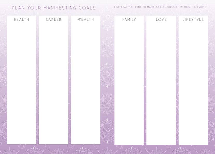 Day and night reflection journal page layout with sectioned goal bars for health, career, wealth, family