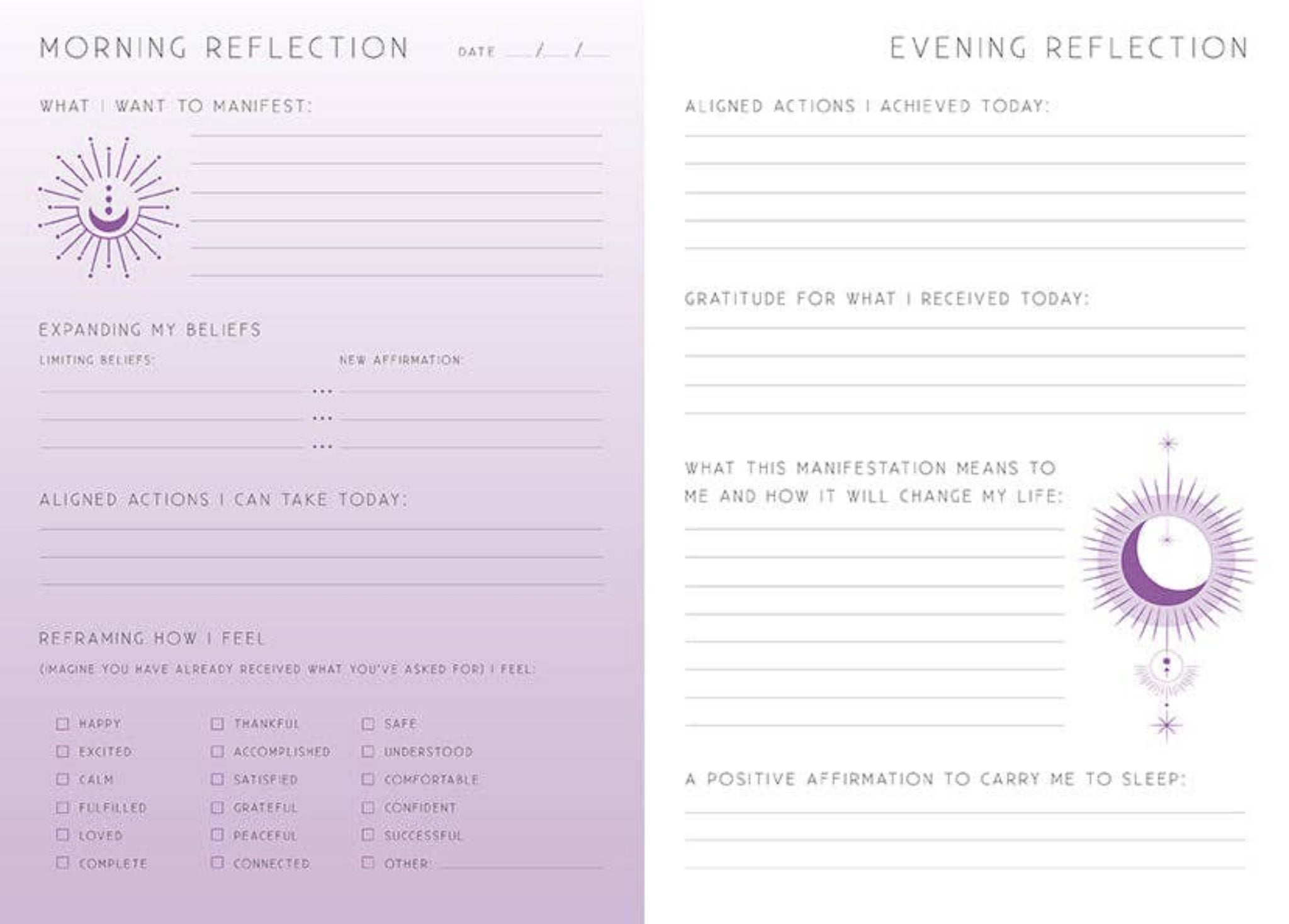 Day and night reflection journal spread with morning reflection checklist and evening gratitude prompts
