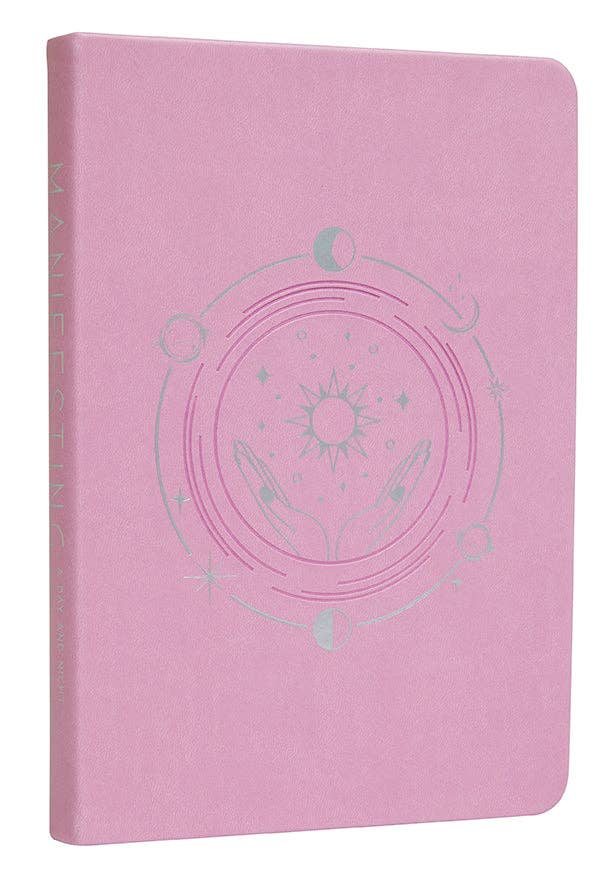 Pink reflection journal cover with circular moon-and-sun design and decorative constellation icons