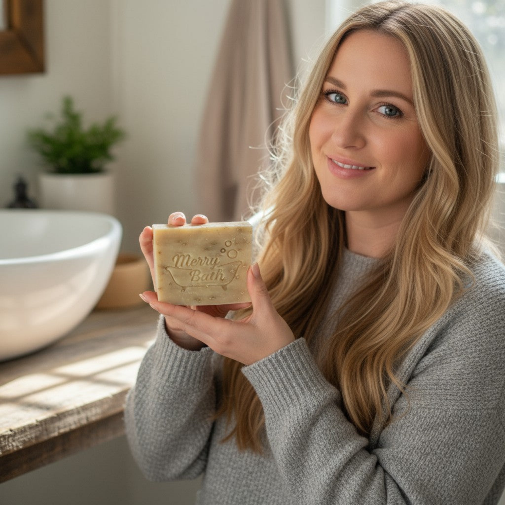 Woman holding a bar of soap with 'Merry Bath' branding in a bathroom setting.