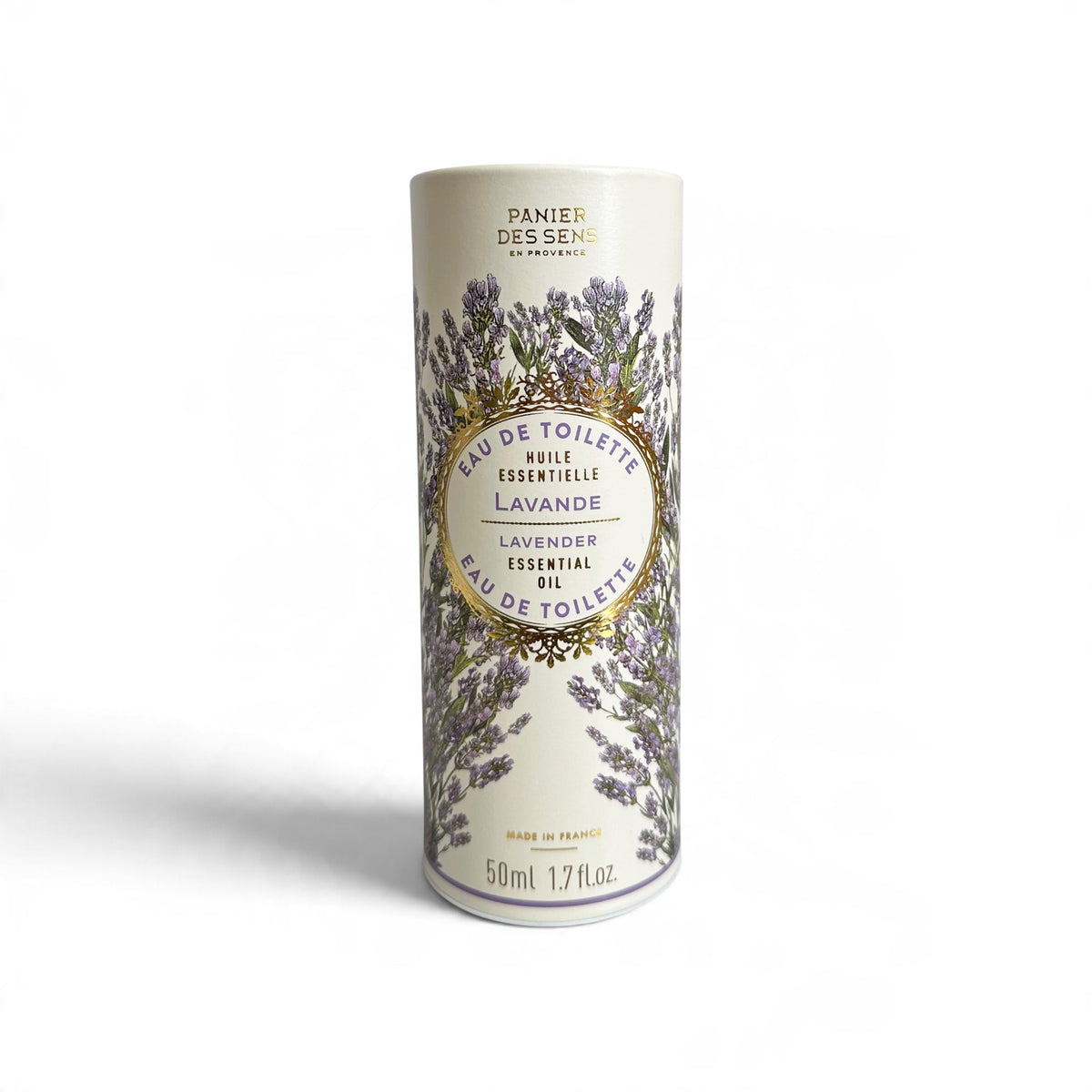 A 50ml cylindrical tin of Panier Des Sens Lavender Essential Oil Toilet Water, featuring a cream-colored body decorated with illustrations of purple lavender flowers and a central gold-bordered label.