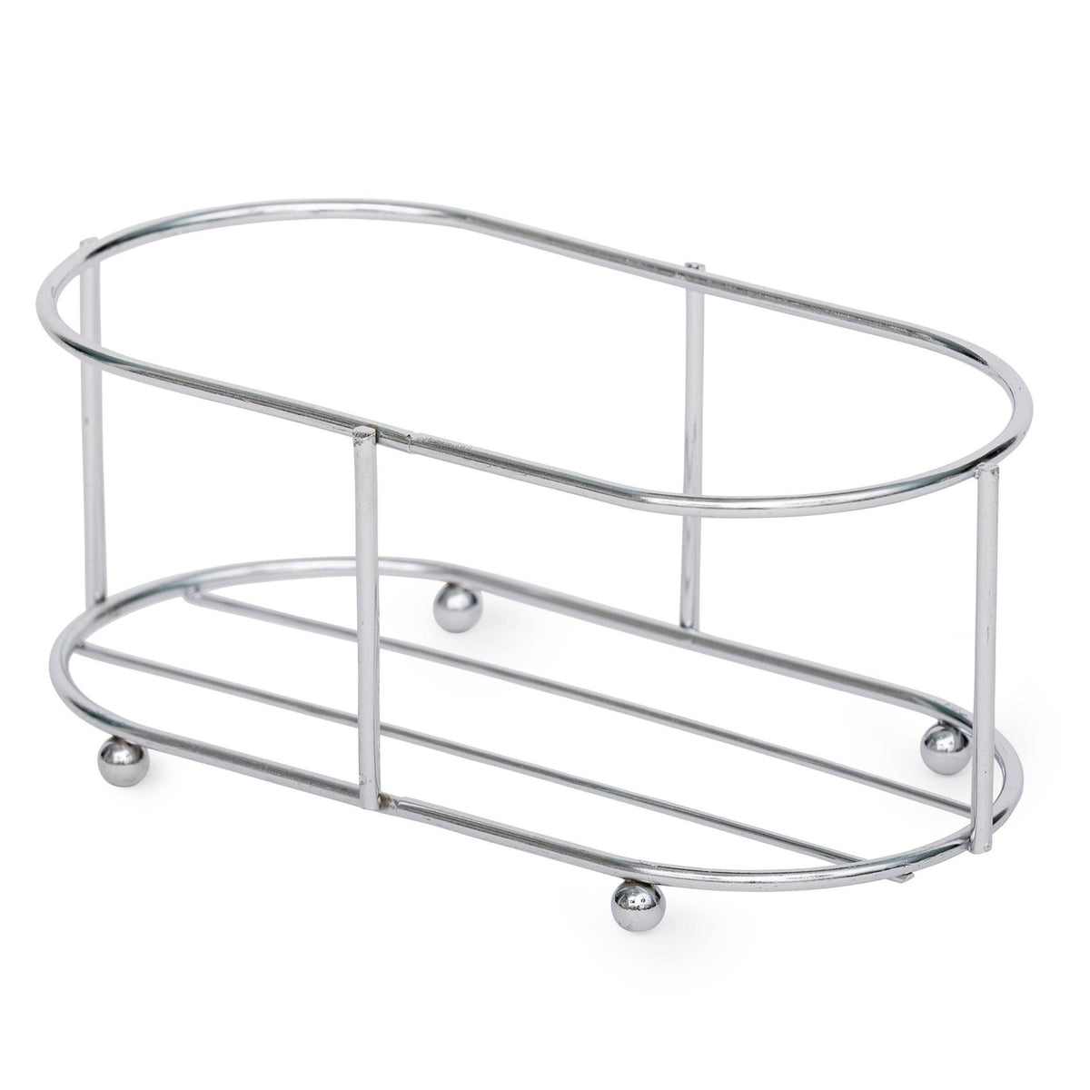 A polished chrome metal bath sponge holder with a two-tiered oval design, shown on a clean white background.