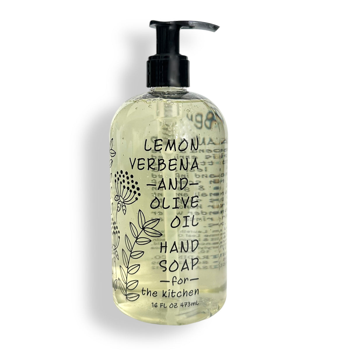 A 16 fl oz bottle of 'Lemon Verbena and Olive Oil Hand Soap' by 'for the kitchen'. The clear bottle shows the pale yellow liquid inside, with a black pump dispenser and black text/illustrations on the front, set against a plain white background.