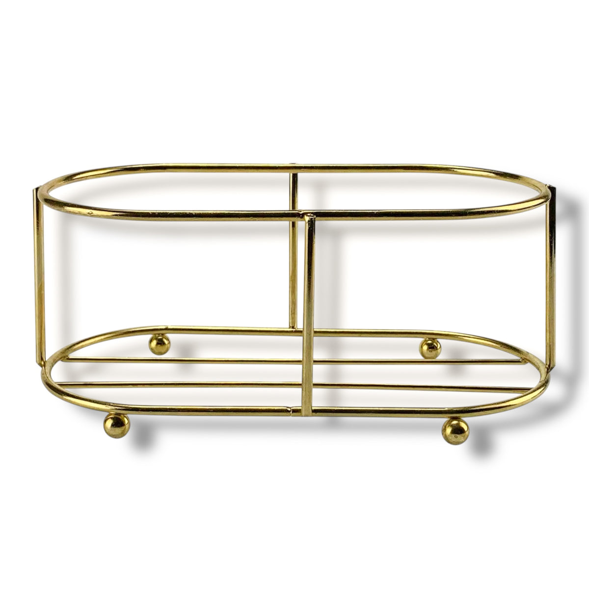 Gold metal wire basket with a double-tiered design and small decorative ball finials, shown on a white background with a soft shadow.