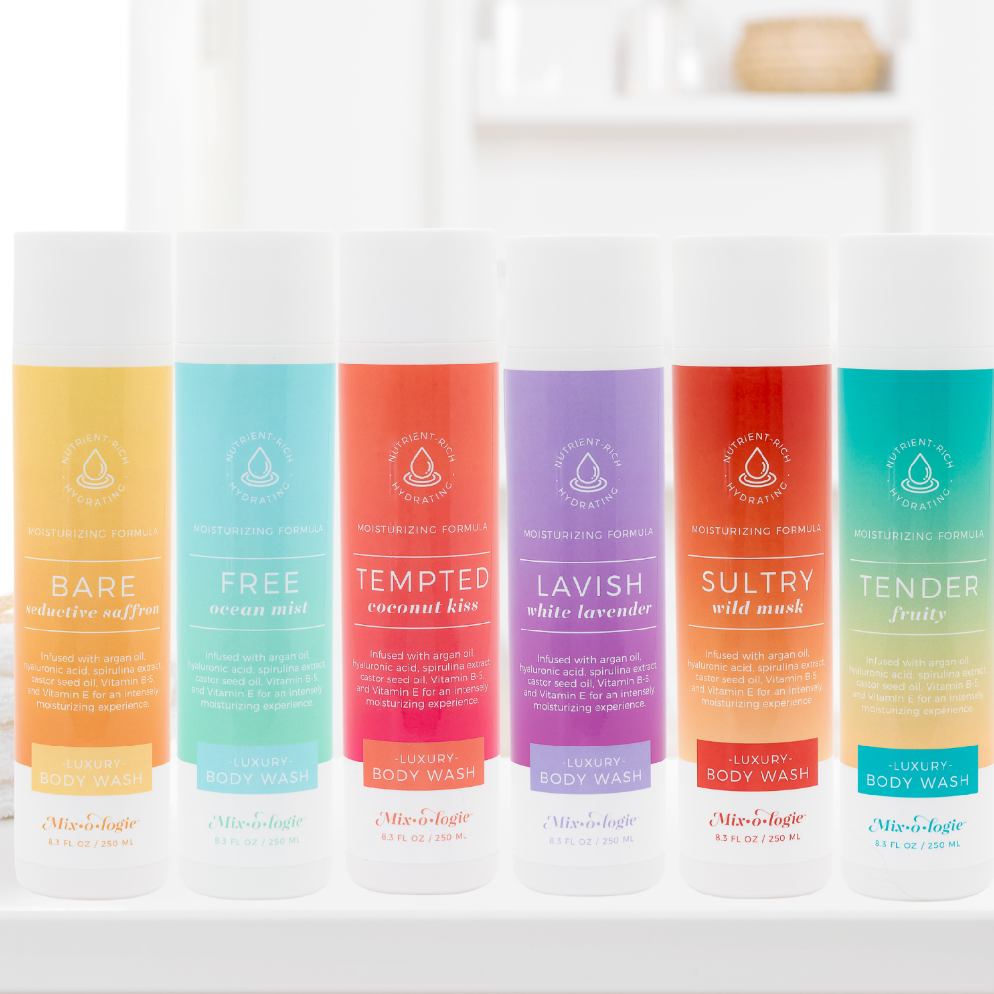 Assorted luxury body wash bottles in multiple colors on a shelf