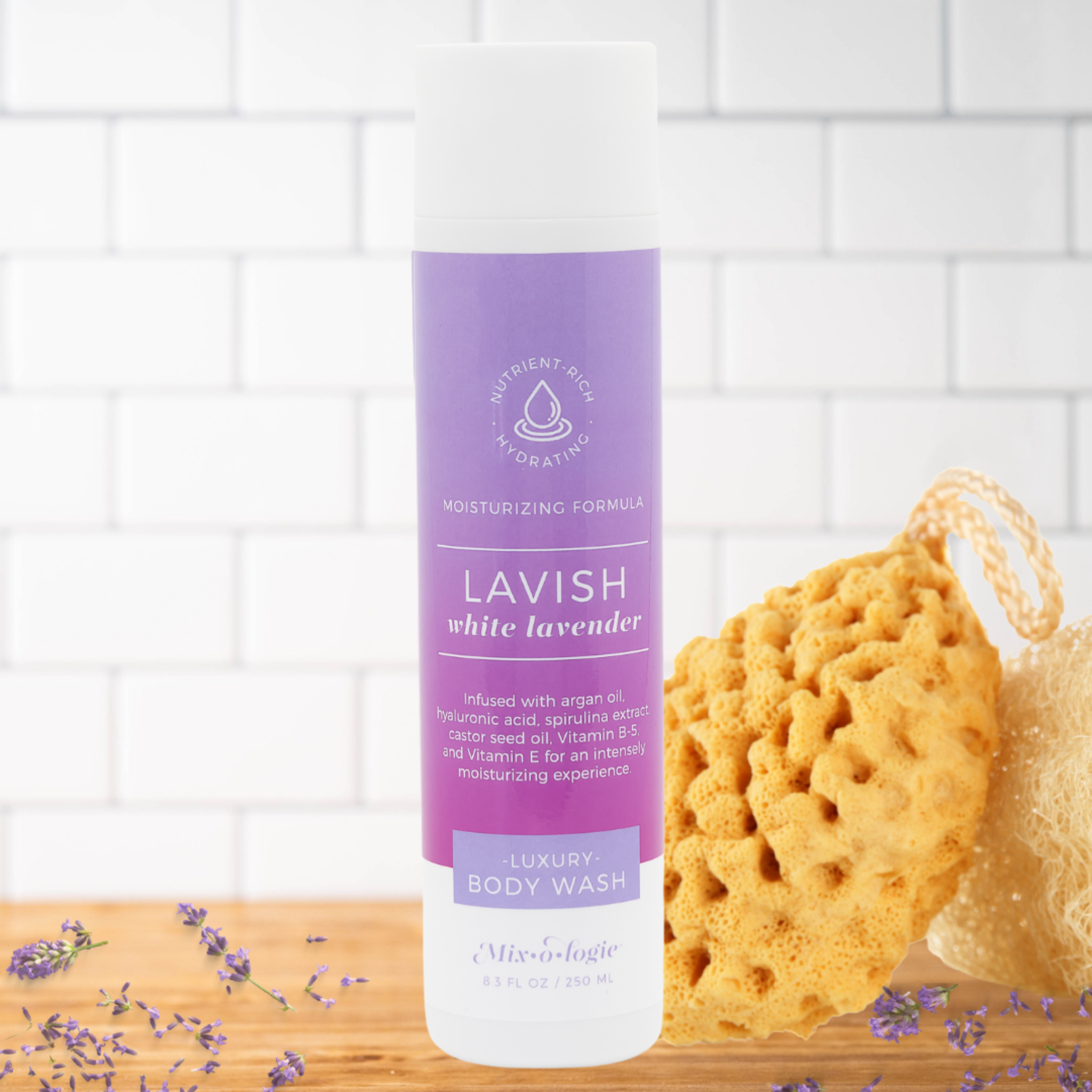 Luxury body wash bottle with purple label, sponge, and lavender flowers