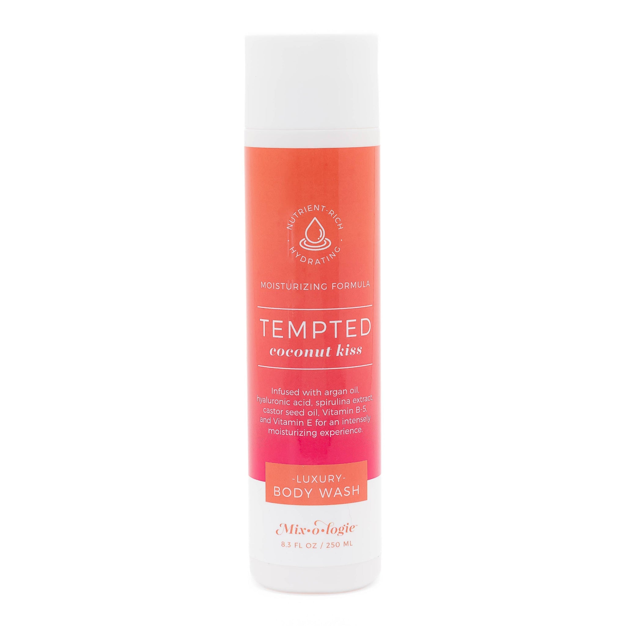 Body wash bottle with red label on a white background