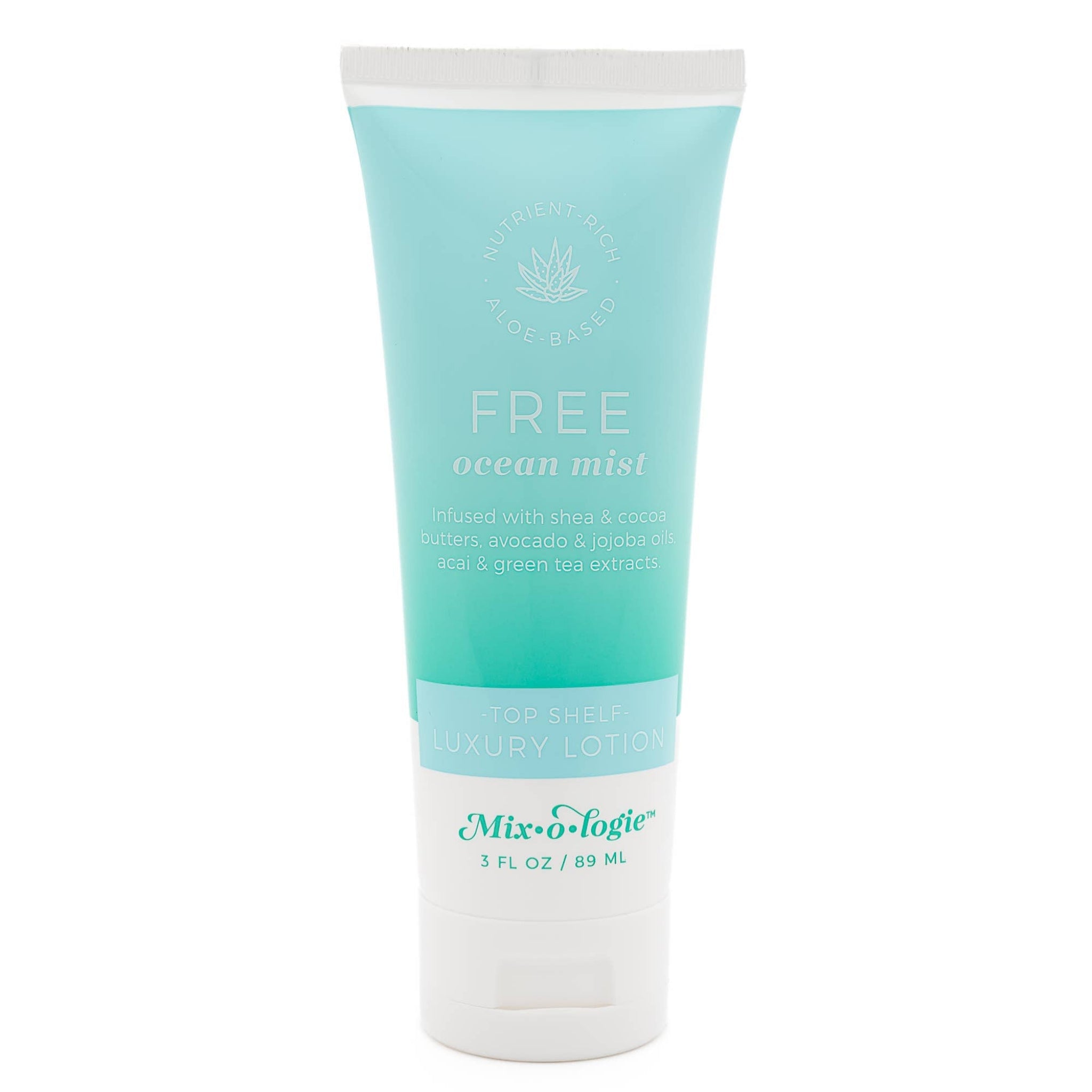 A 3 fl oz tube of Mix-Logie Free Ocean Mist Luxury Lotion, featuring a light blue and teal gradient design with white text and a white cap, set against a plain white background.