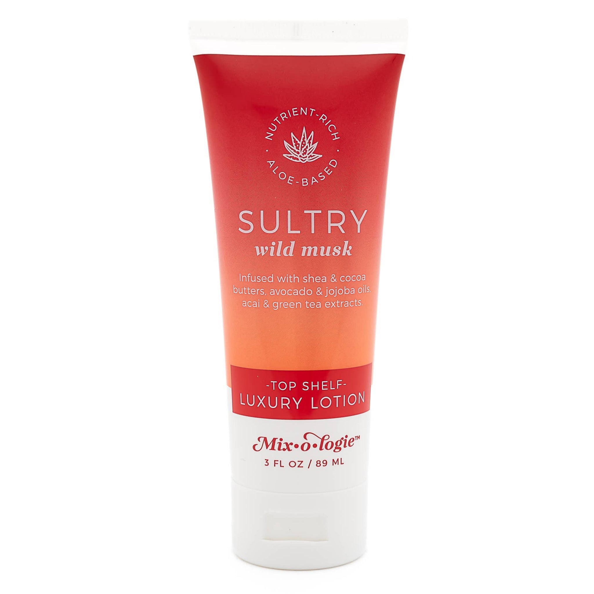 Red and white lotion bottle labeled 'Sultry Wild Musk' by Mixologie on a white background