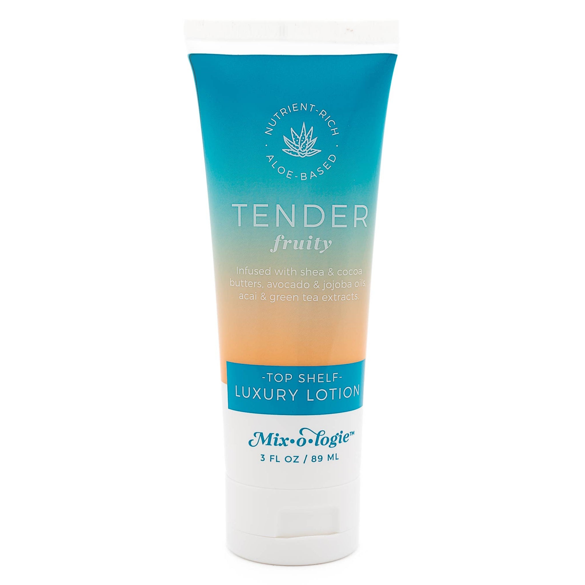 A 3 fl oz tube of Mix & Logie Tender Fruity luxury lotion, featuring a blue-to-orange gradient label on a white background.