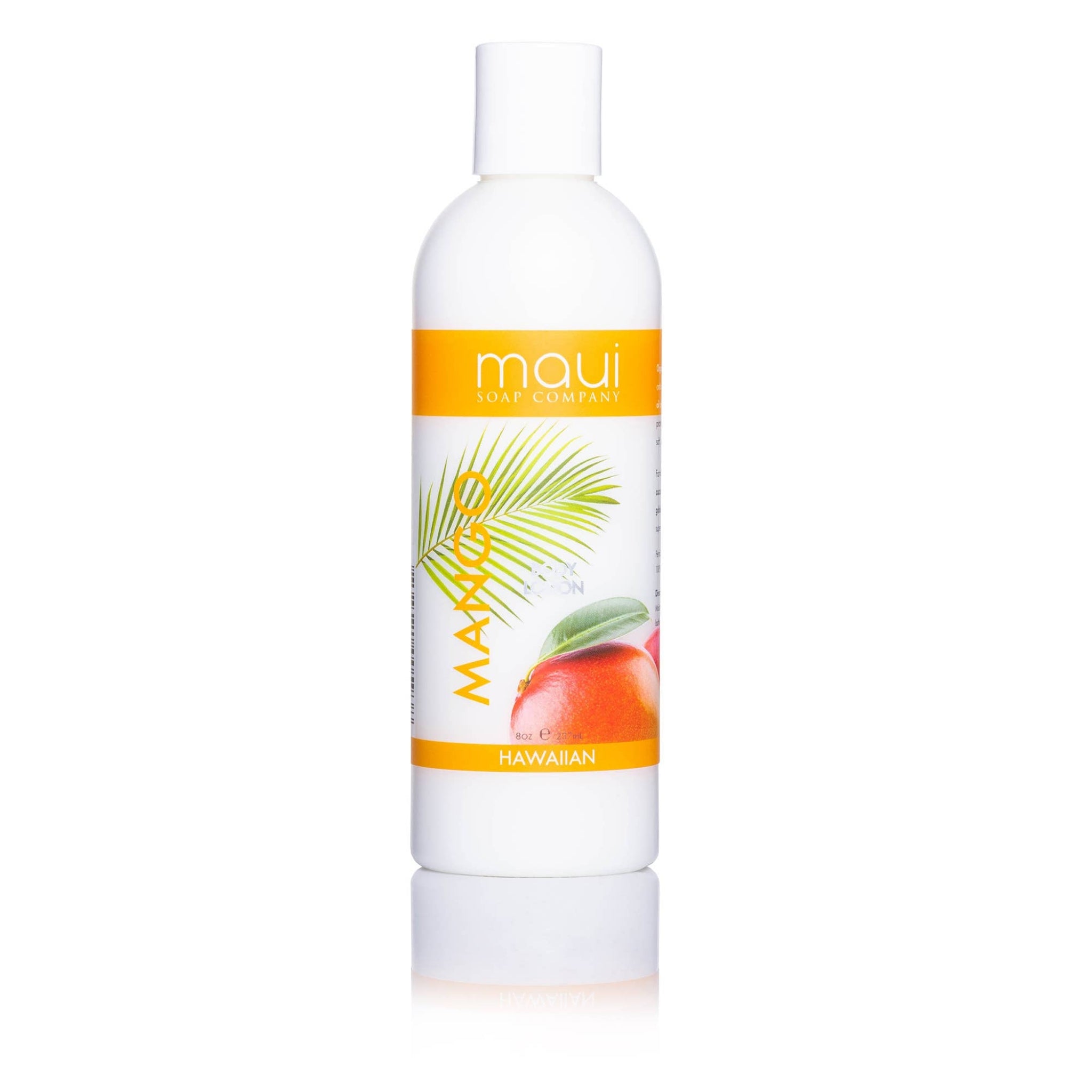 maui body lotion bottle with tropical fruit label and mango graphic