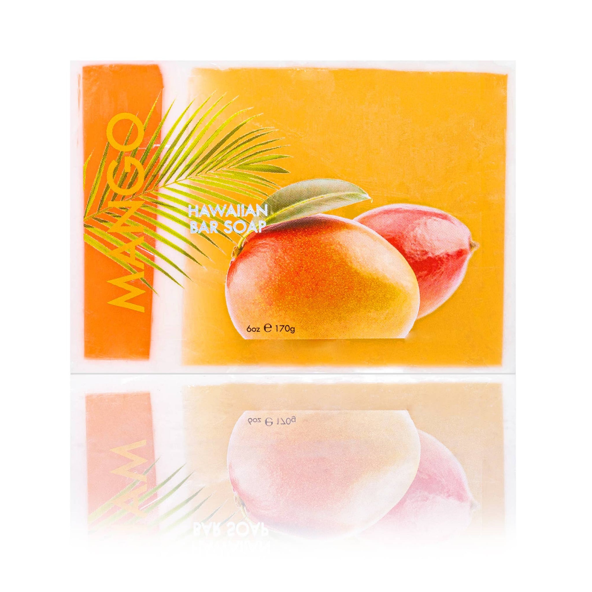 Wrapped mango bar soap with "Kukui & Coconut Oil" branding and soap slices