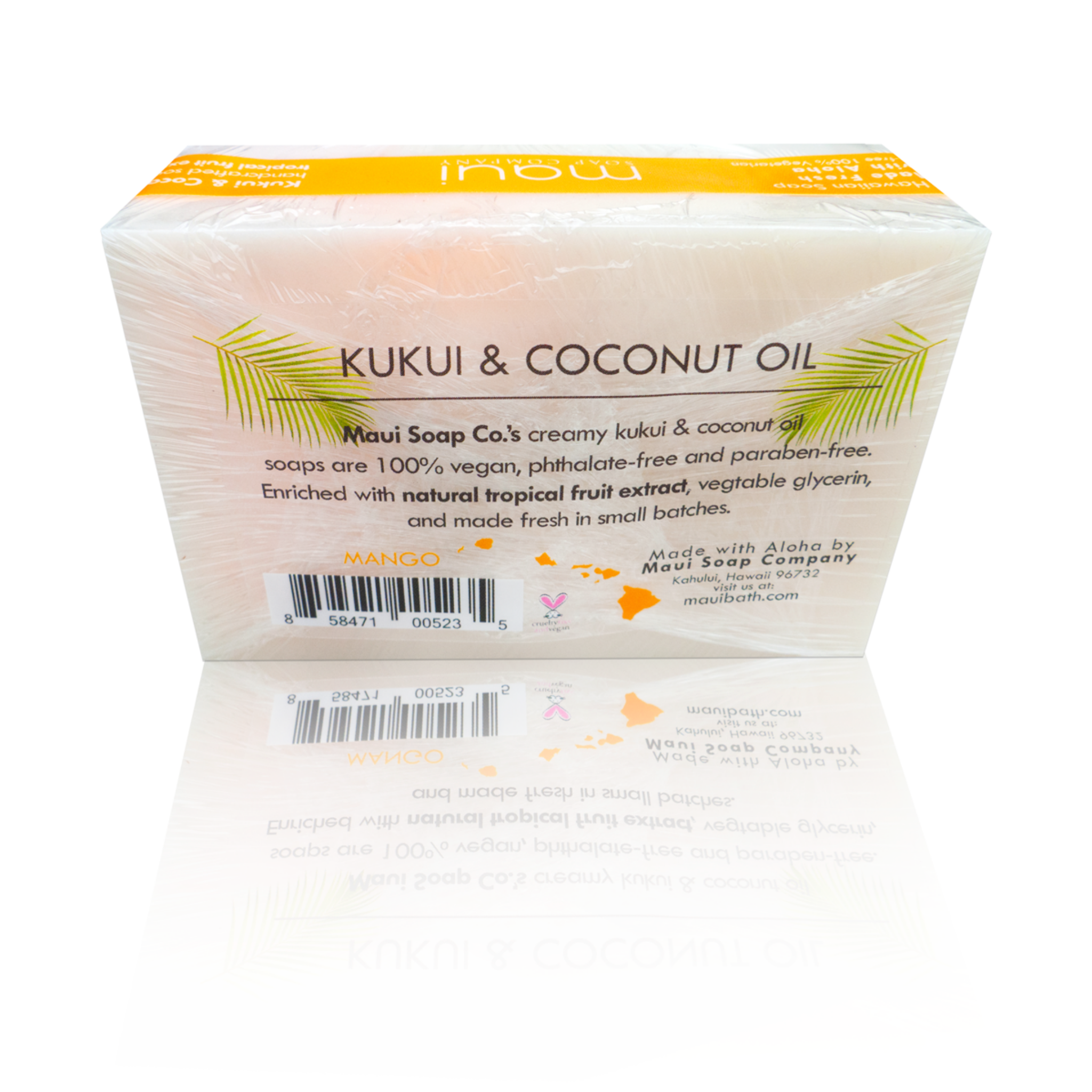Kukui & coconut oil bar soap block in white packaging with orange top
