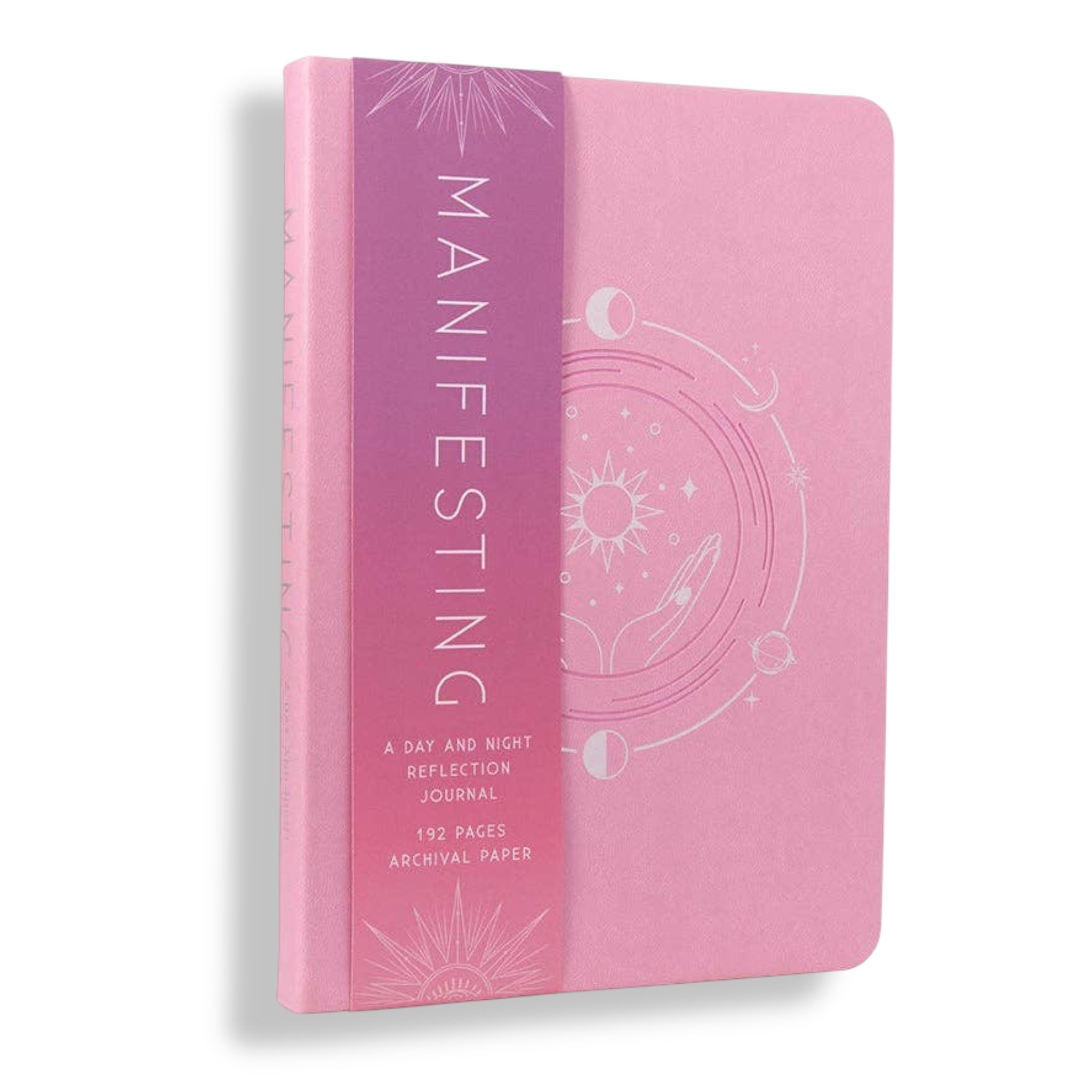 Pink Manifesting day and night reflection journal cover with moon-and-sun emblem and title text