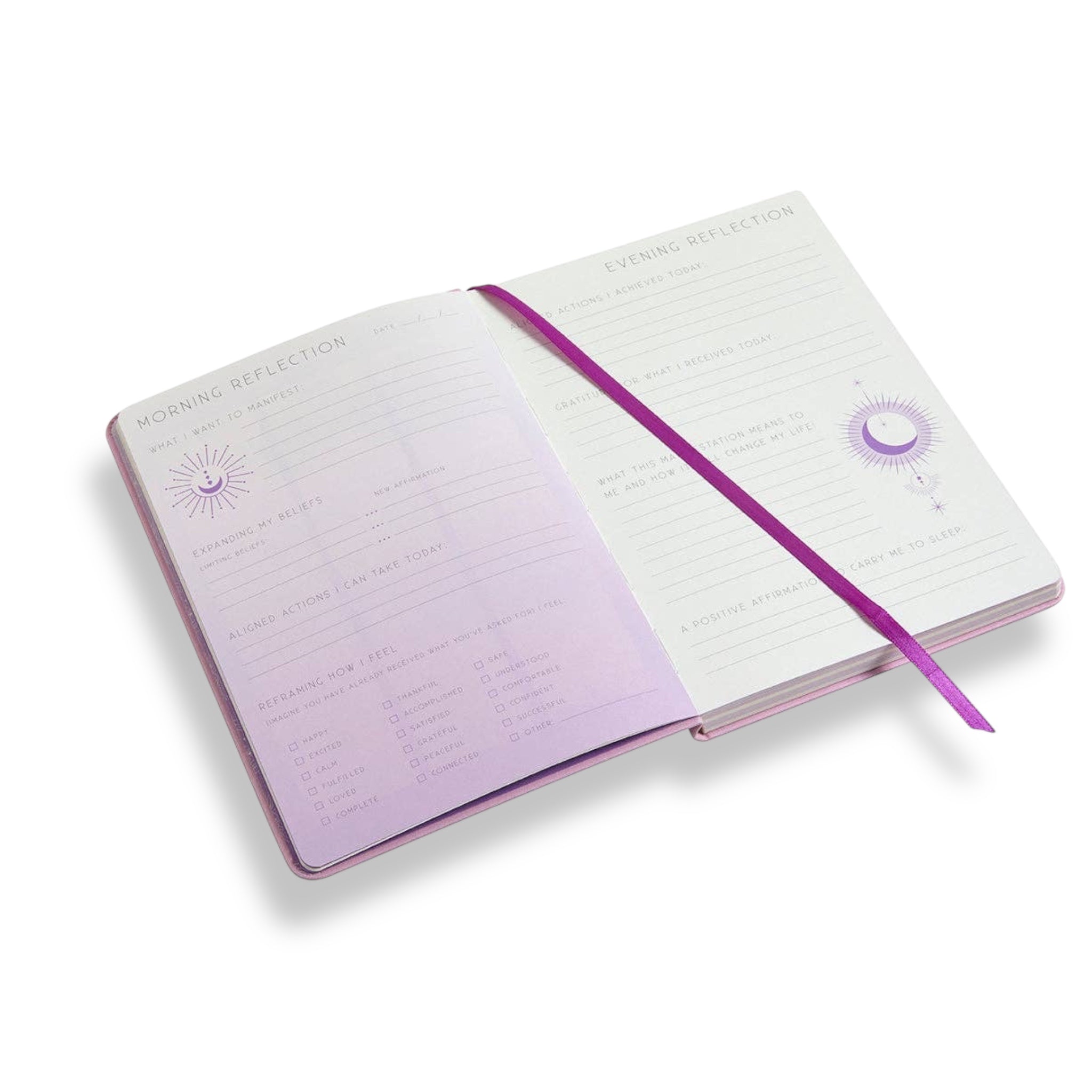 Open pink journal with purple ribbon bookmark and morning and evening reflection pages