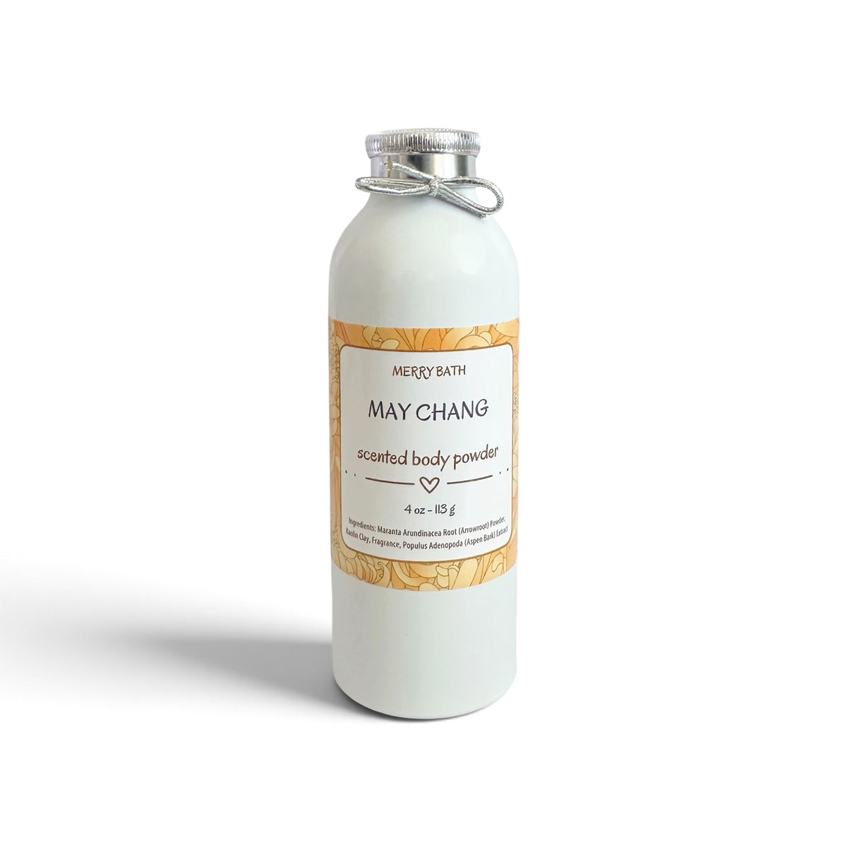 A white metal bottle of Merry Bath May Chang Scented Body Powder with a silver cap and a gold and white label, set against a plain white background.