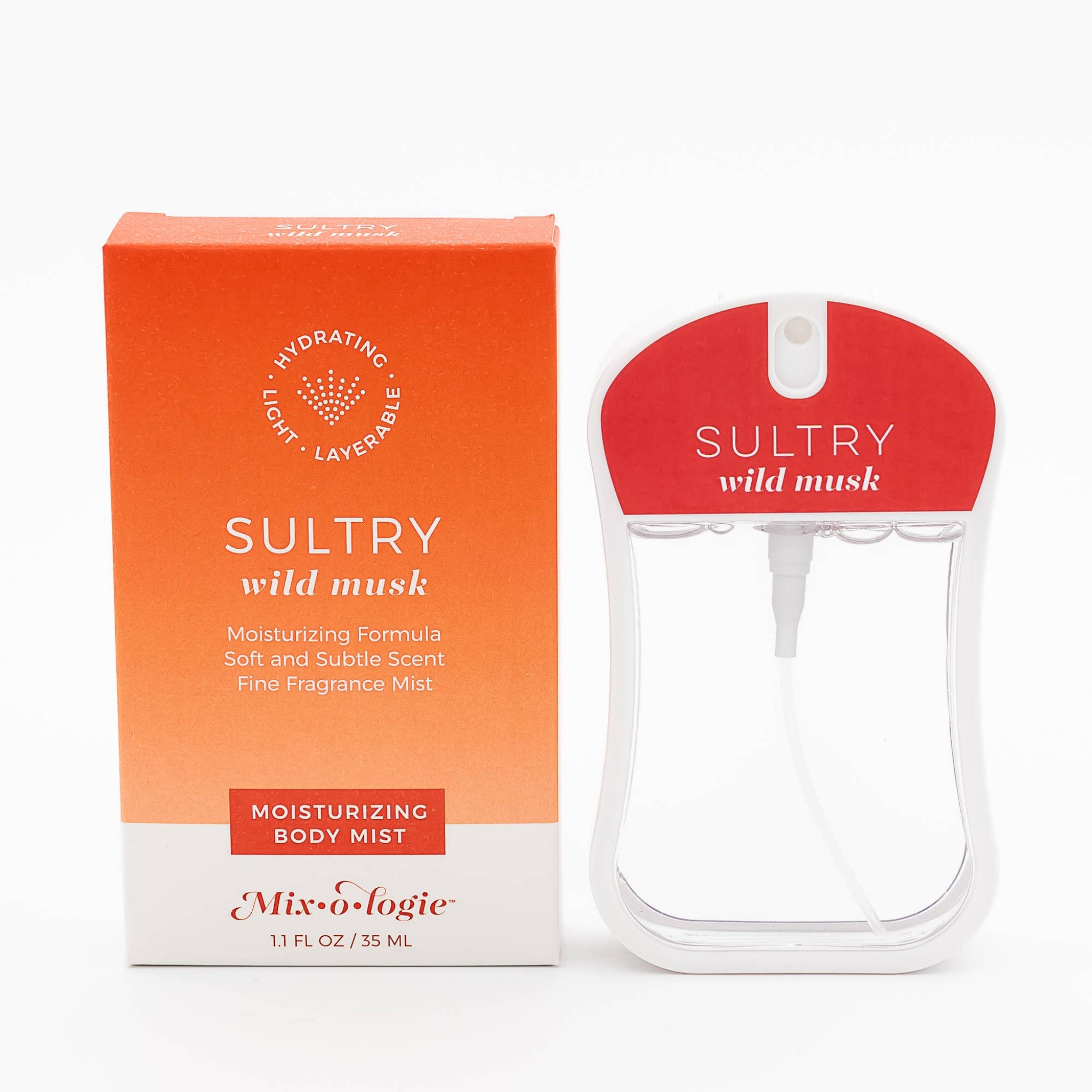 Sultry Wild Musk body mist shown with its orange and white packaging box and the clear spray bottle with a red cap, on a white background.