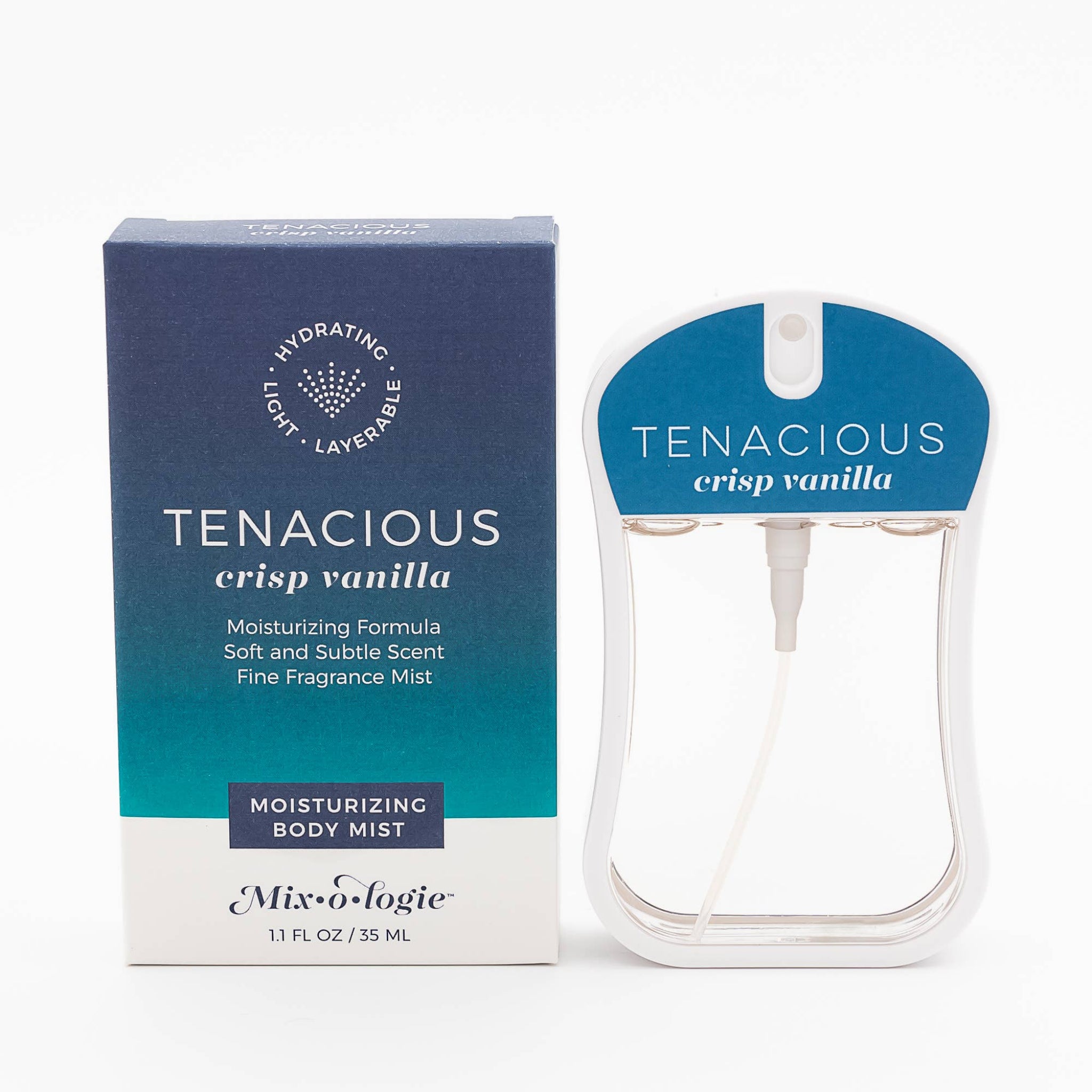 Tenacious crisp vanilla body mist packaging on a white background