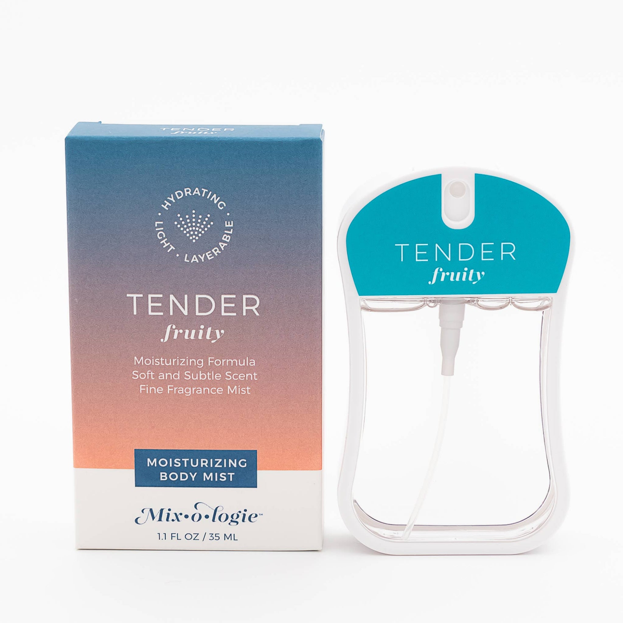 Tender Fruity body mist by Mix:logiic, shown with its blue-to-pink gradient box and the clear spray bottle with a teal cap on a white background.