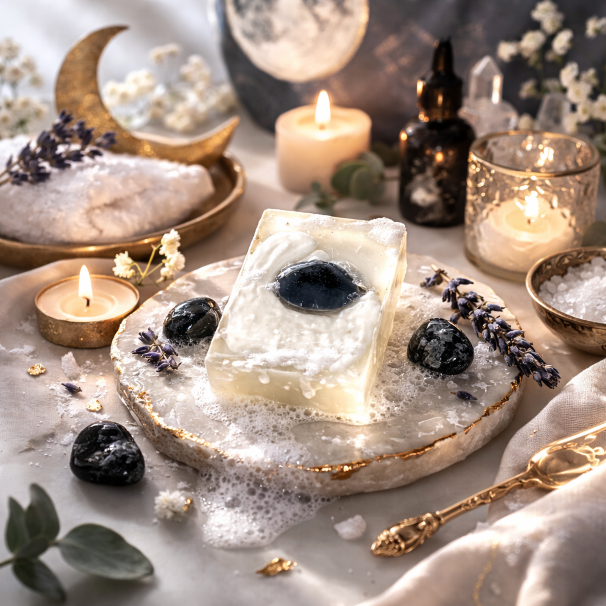 Decorative setting with soap, candles, and crystals on a textured surface.