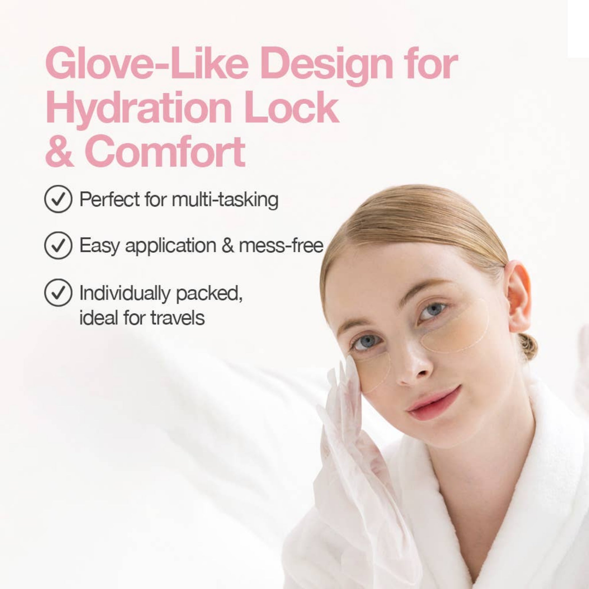 Woman applying skincare product with text about glove-like design for hydration lock and comfort.