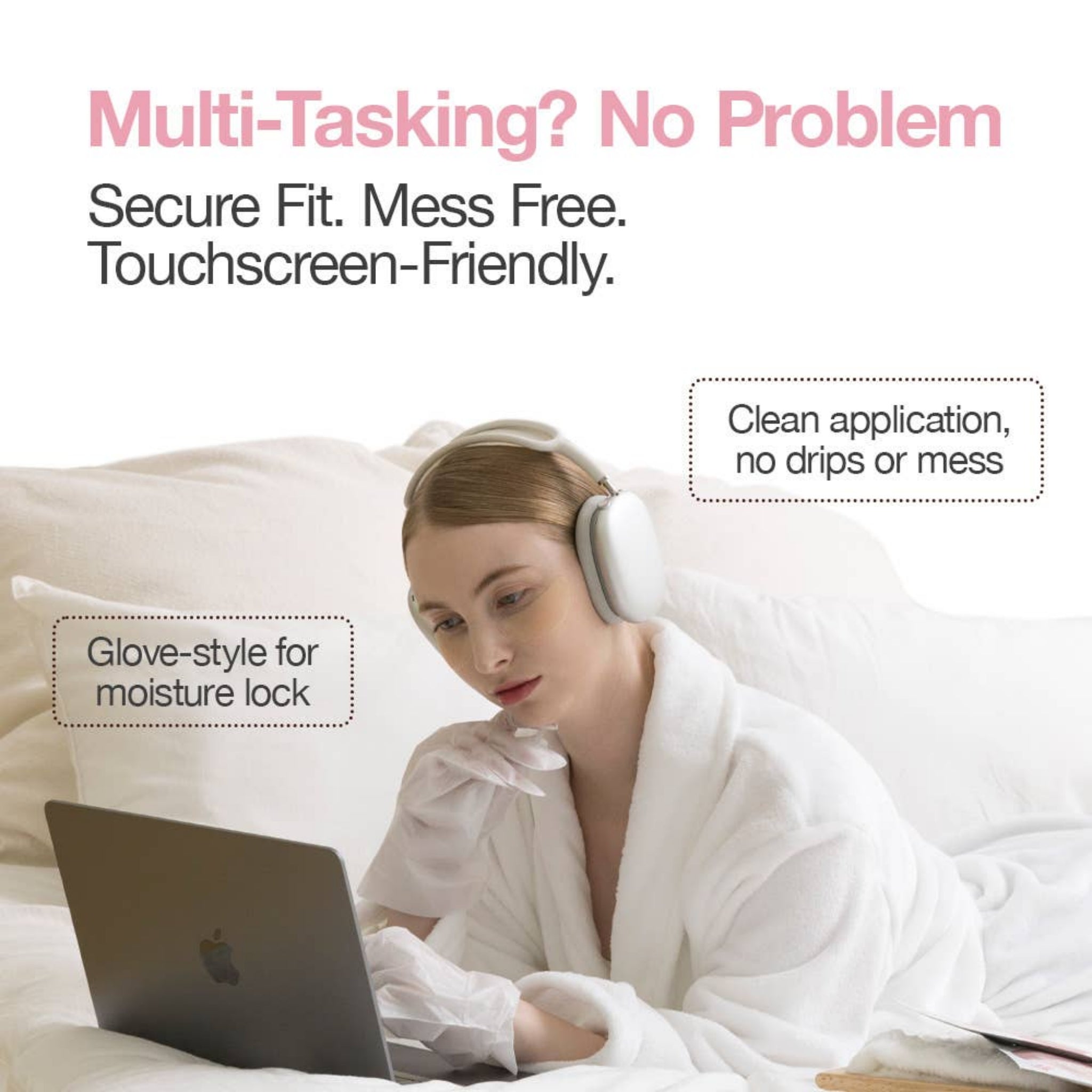Woman using a laptop with text about product features on a white background