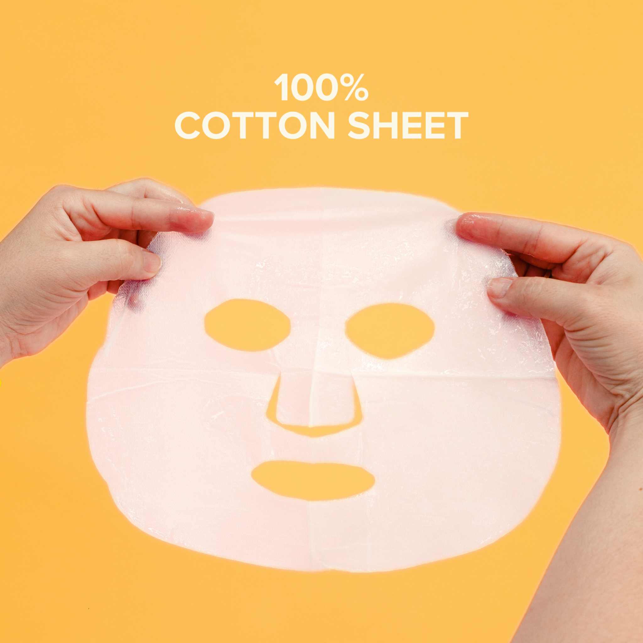 100% cotton face sheet mask held open with cutouts for eyes and mouth
