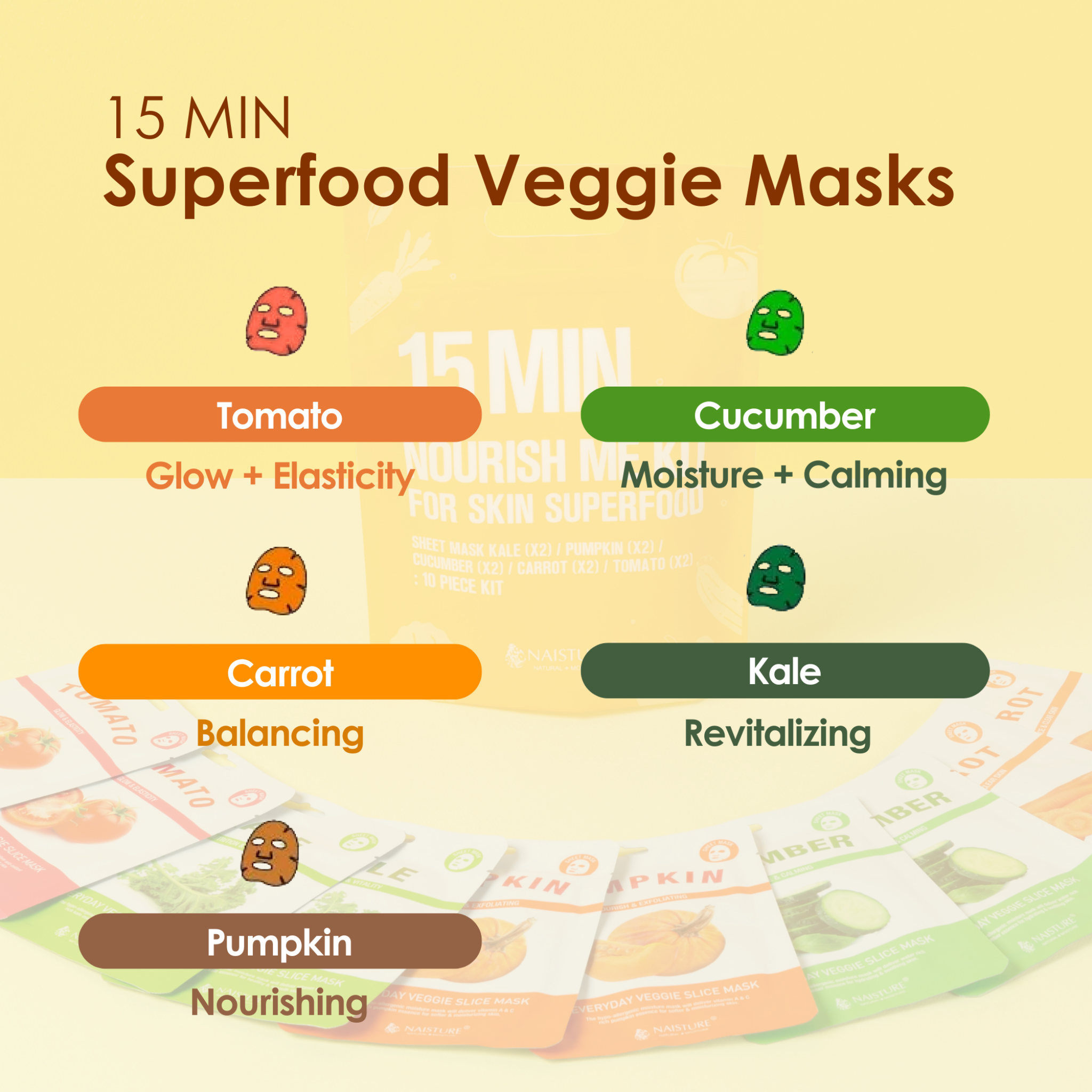 Superfood veggie mask pouches arranged in a row for different skin benefits