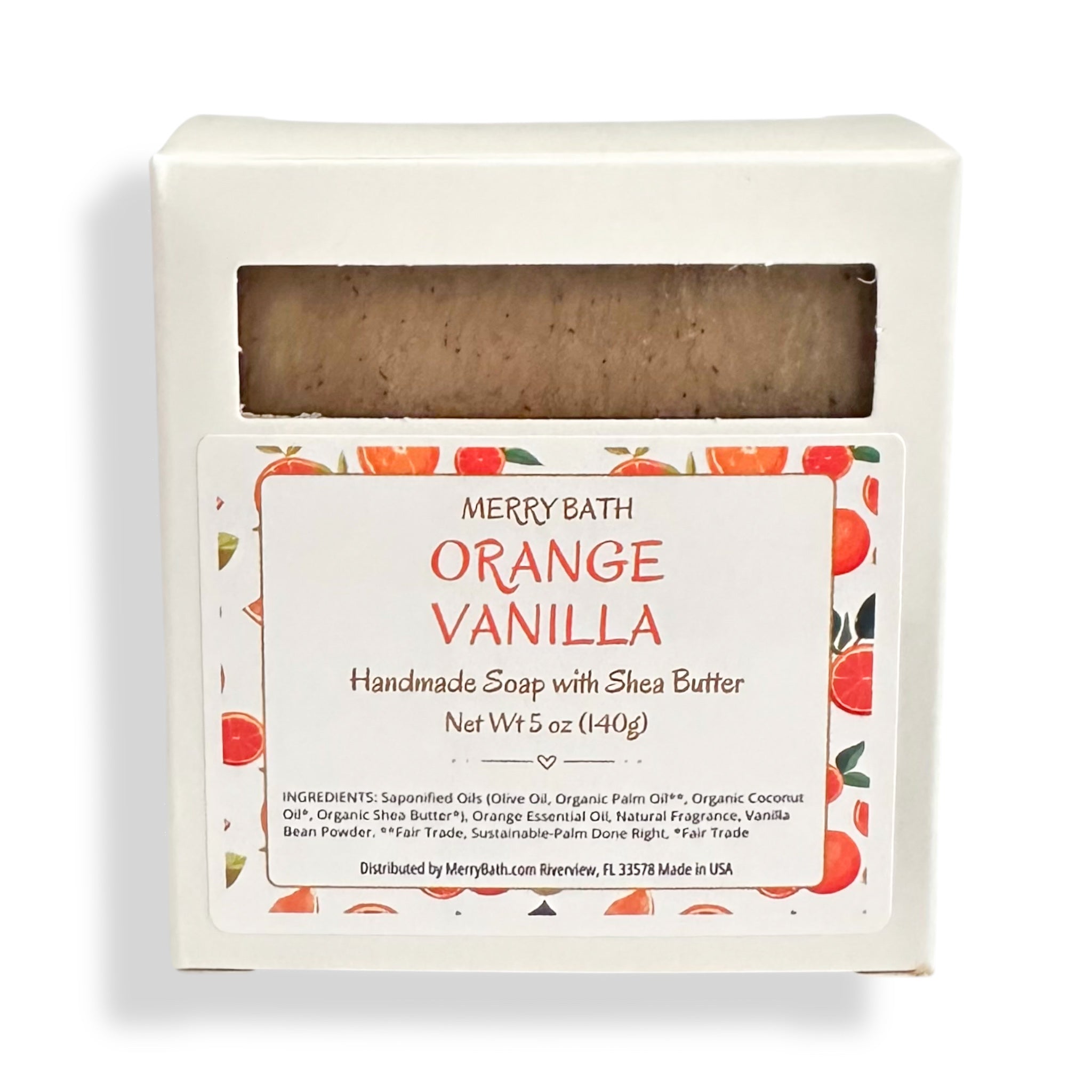 Orange Vanilla soap bar in a white box with a clear window