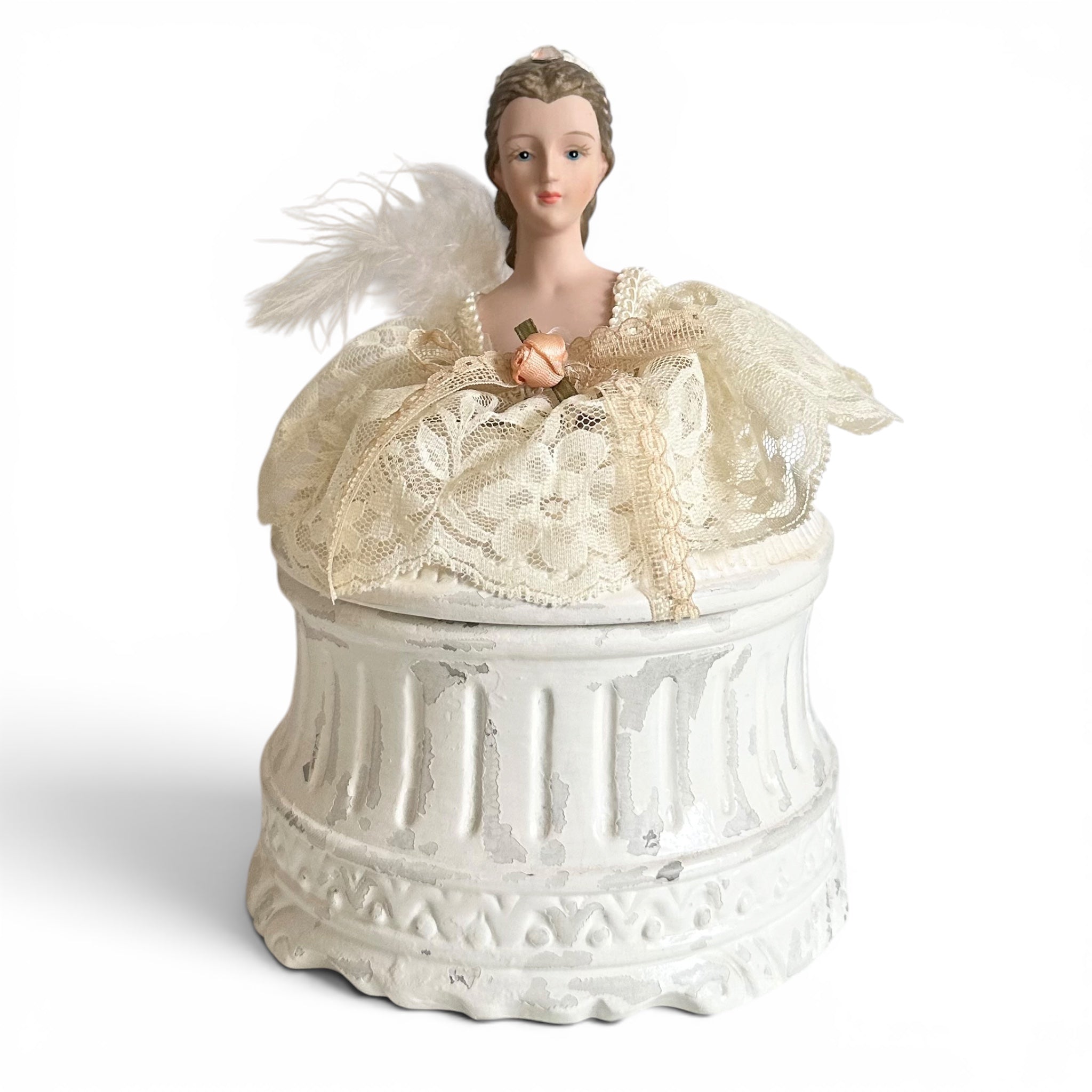 One-of-a-Kind Victorian Lady Vanity Powder Box with Handmade Lace Puff
