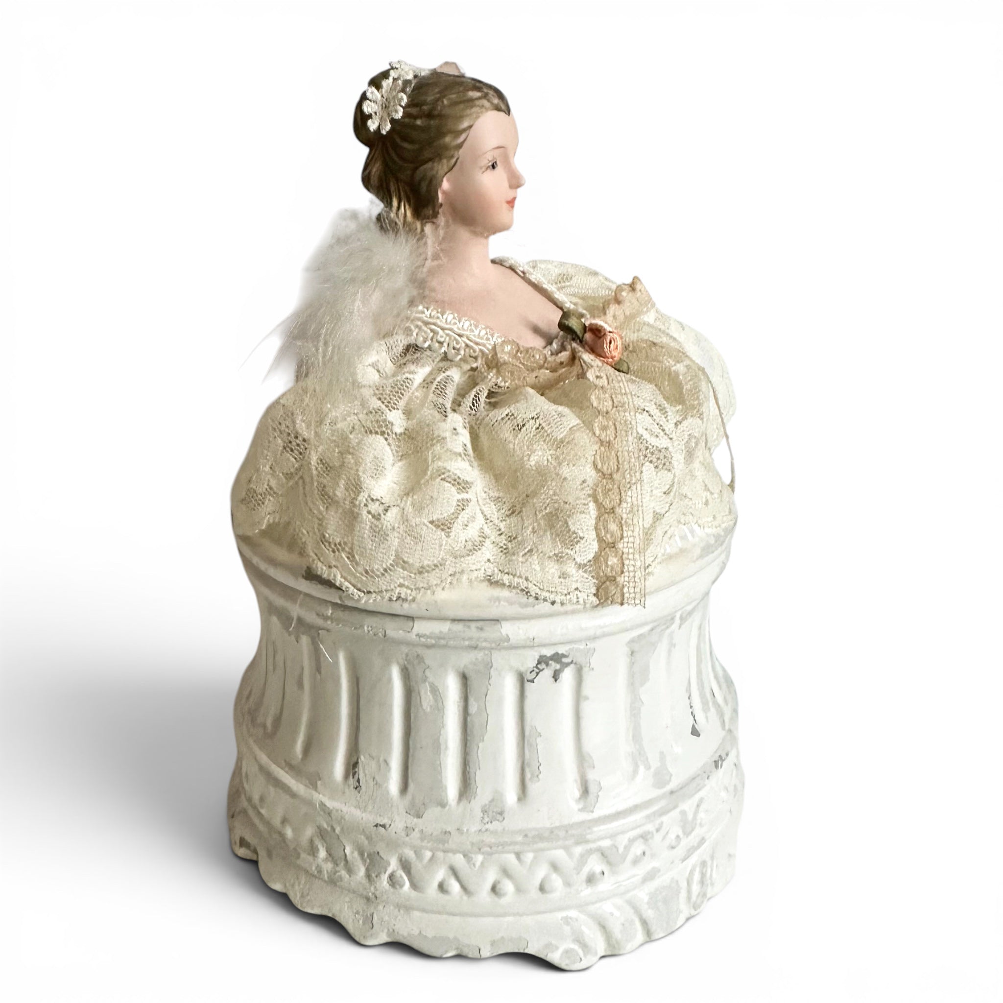 One-of-a-Kind Victorian Lady Vanity Powder Box with Handmade Lace Puff