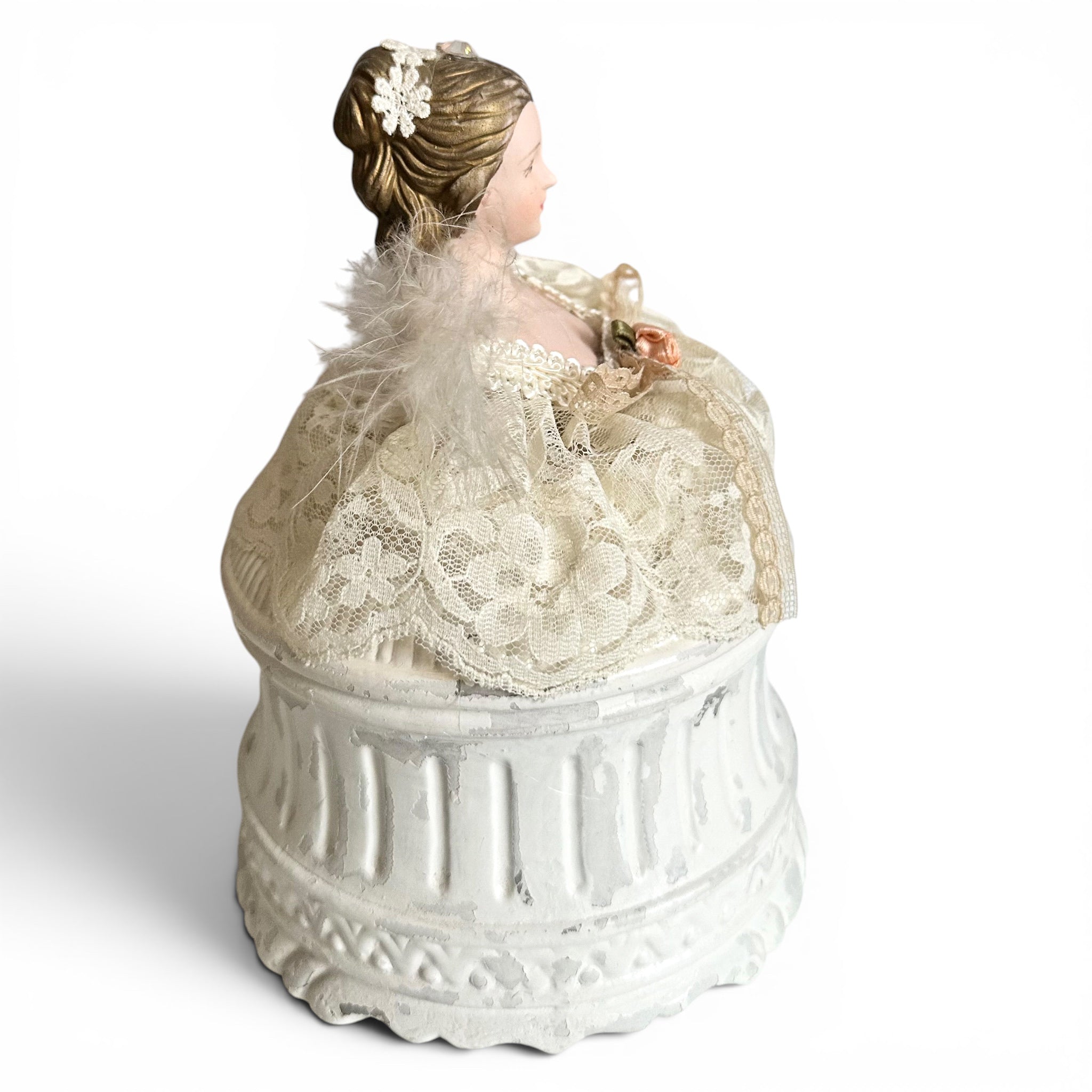 One-of-a-Kind Victorian Lady Vanity Powder Box with Handmade Lace Puff