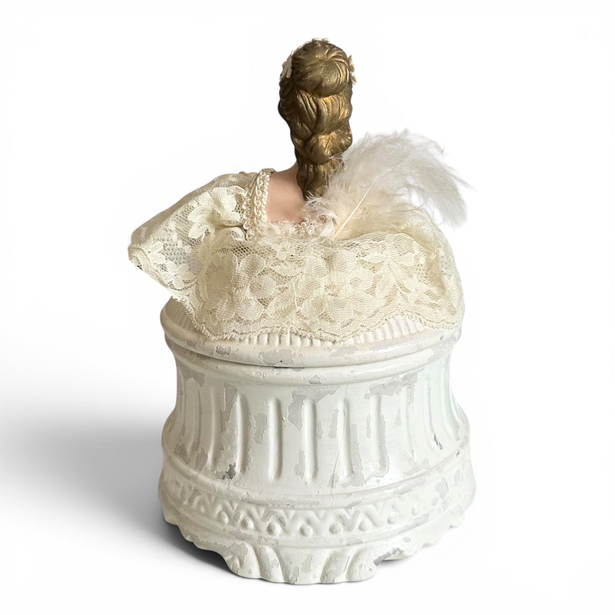 One-of-a-Kind Victorian Lady Vanity Powder Box with Handmade Lace Puff