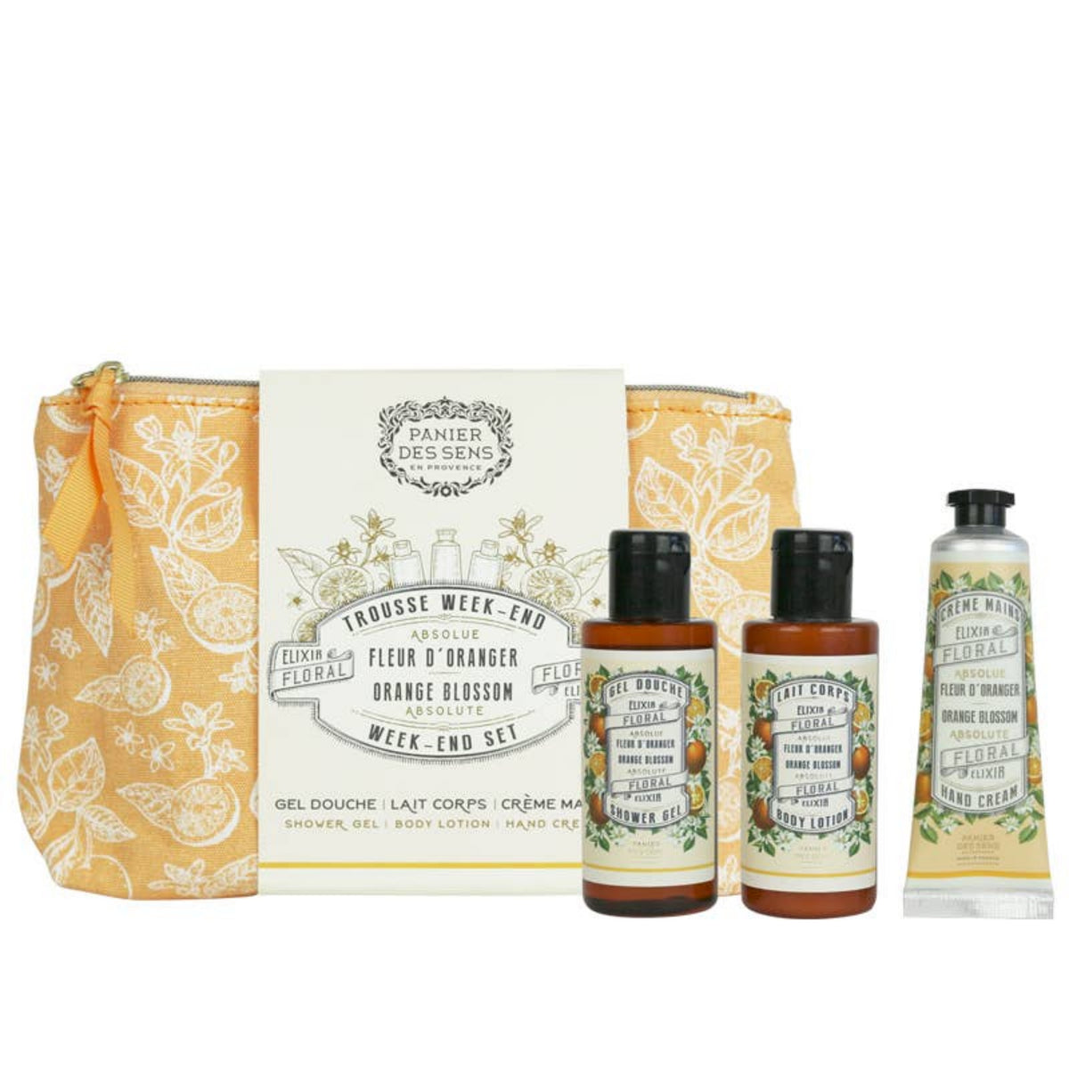 Orange blossom travel pouch, beige citrus print with zip top; toiletries shown