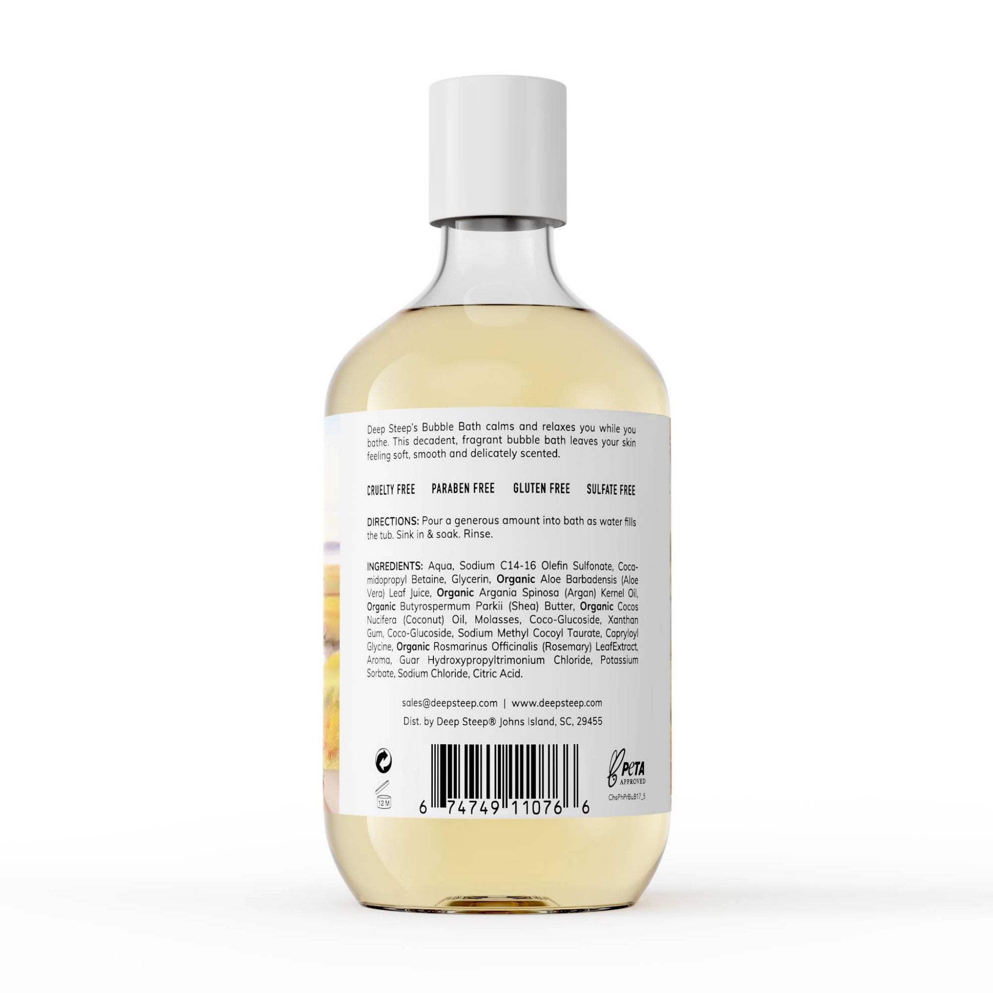 Bottle of Deep Sleep Bubble Bath with label on a white background