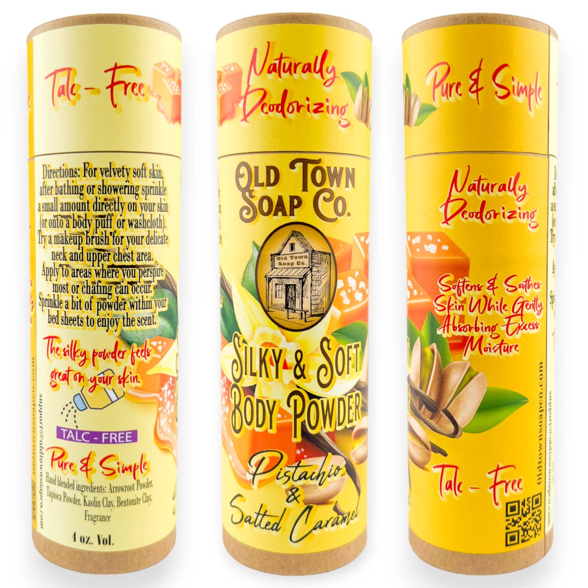 Three cylindrical containers of Old Town Soap Co. body powder on a white background