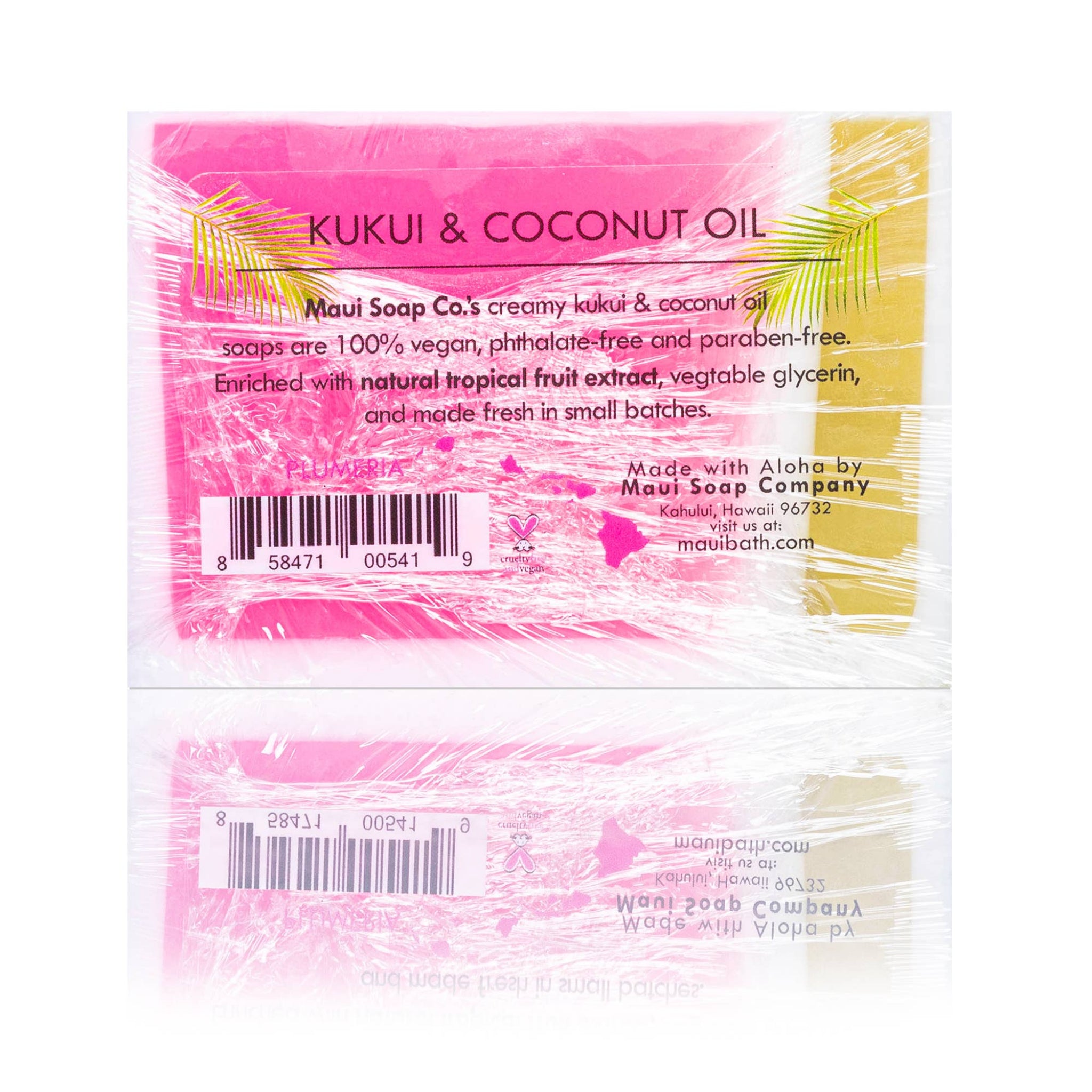 Kukui & Coconut Oil soap packaging with pink and yellow design on a white background