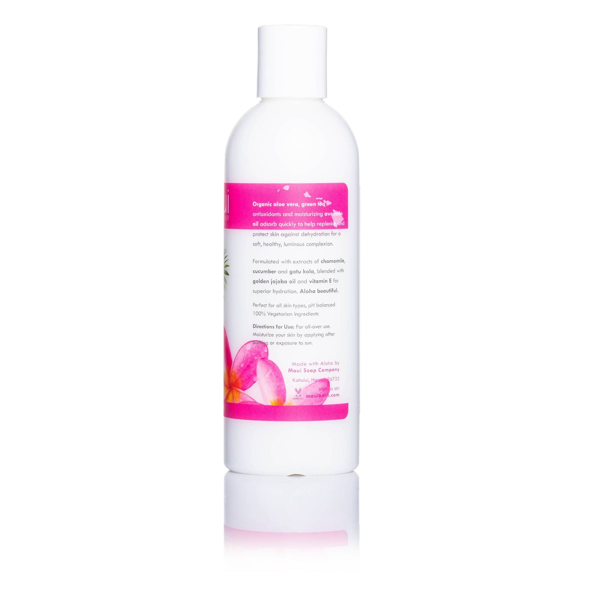 White bottle with a pink label on a white background