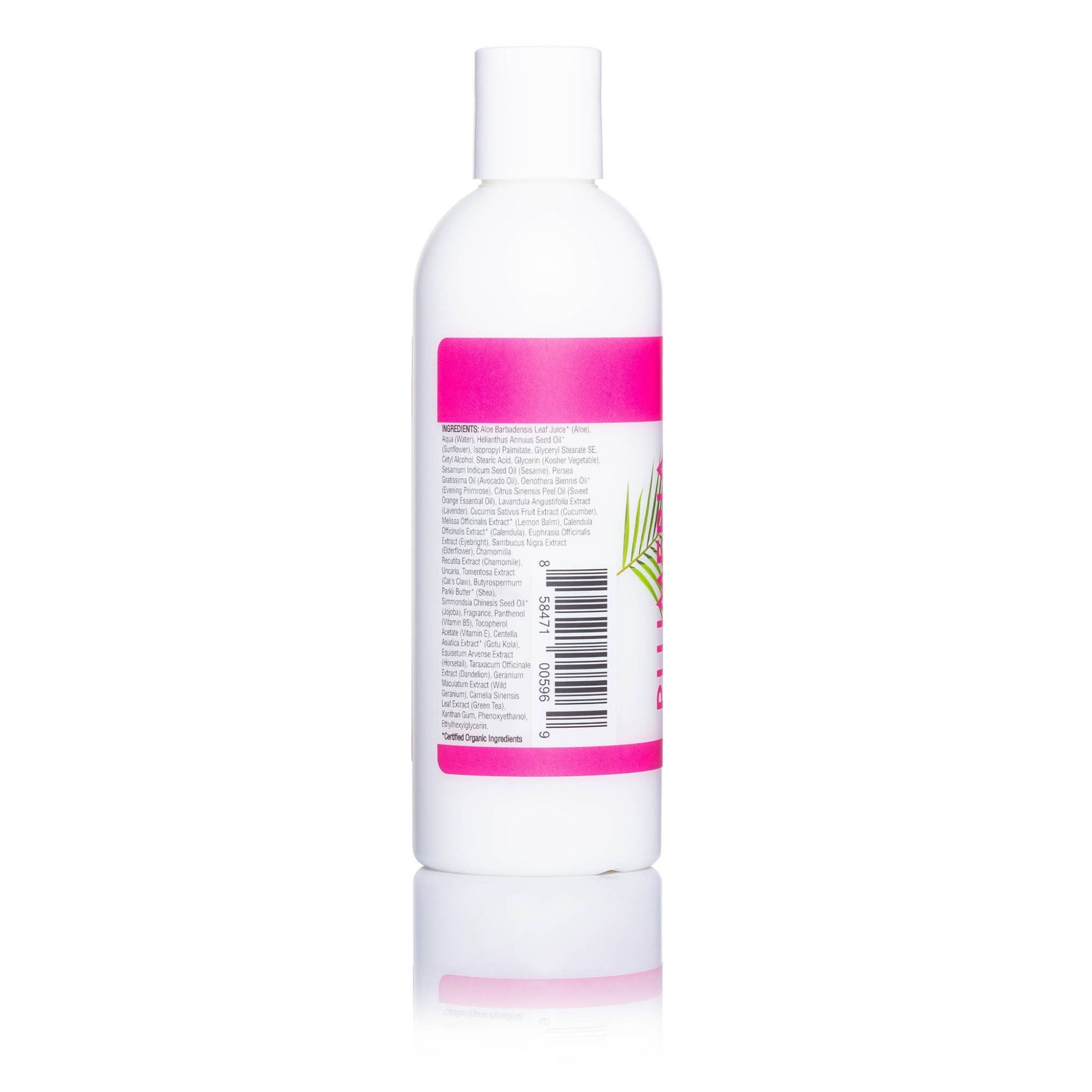 White bottle with pink label on a white background