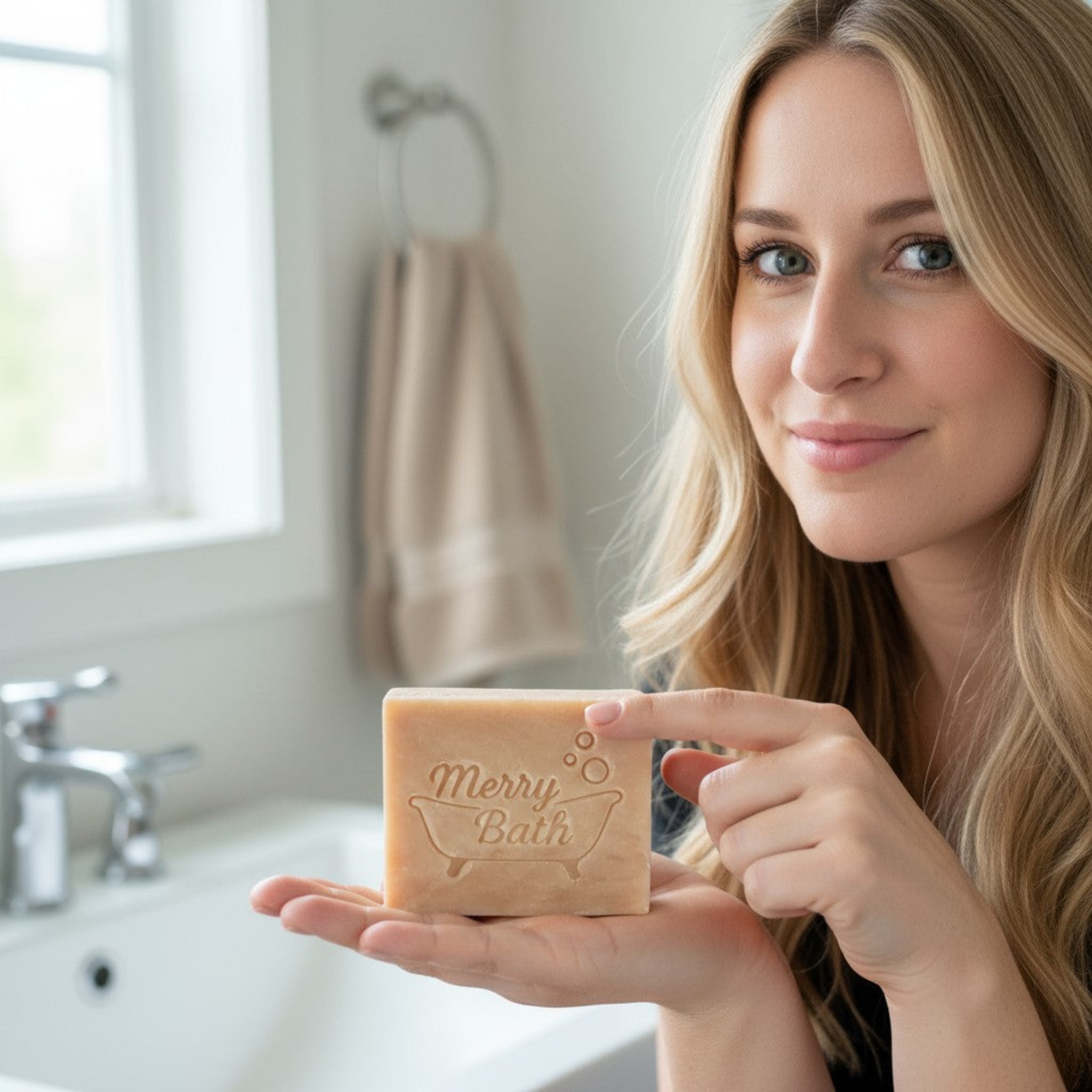 Woman holding a bar of soap with 'Merry Bath' text in a bathroom setting