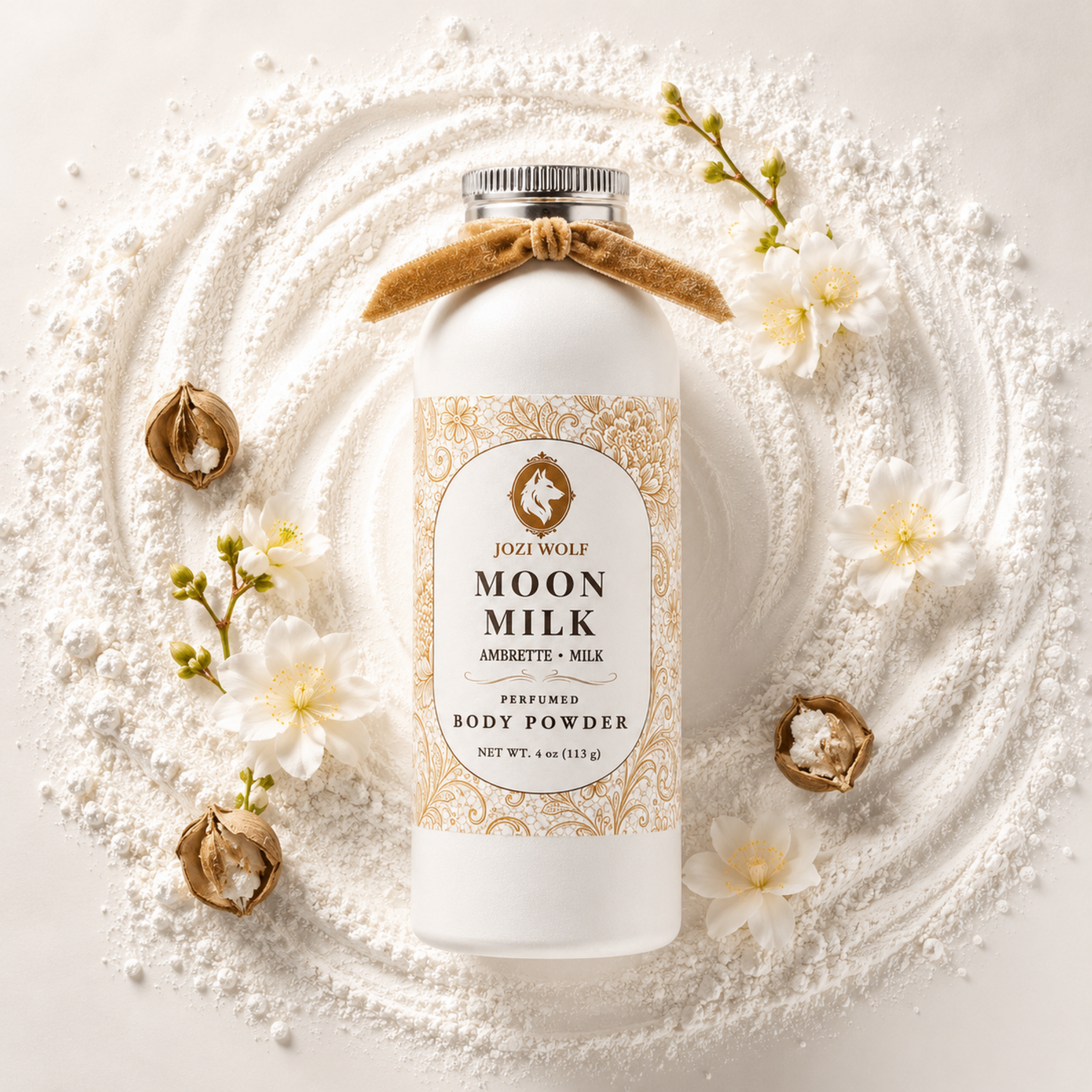 White perfumed body powder bottle with gold ribbon bow and Moon Milk label